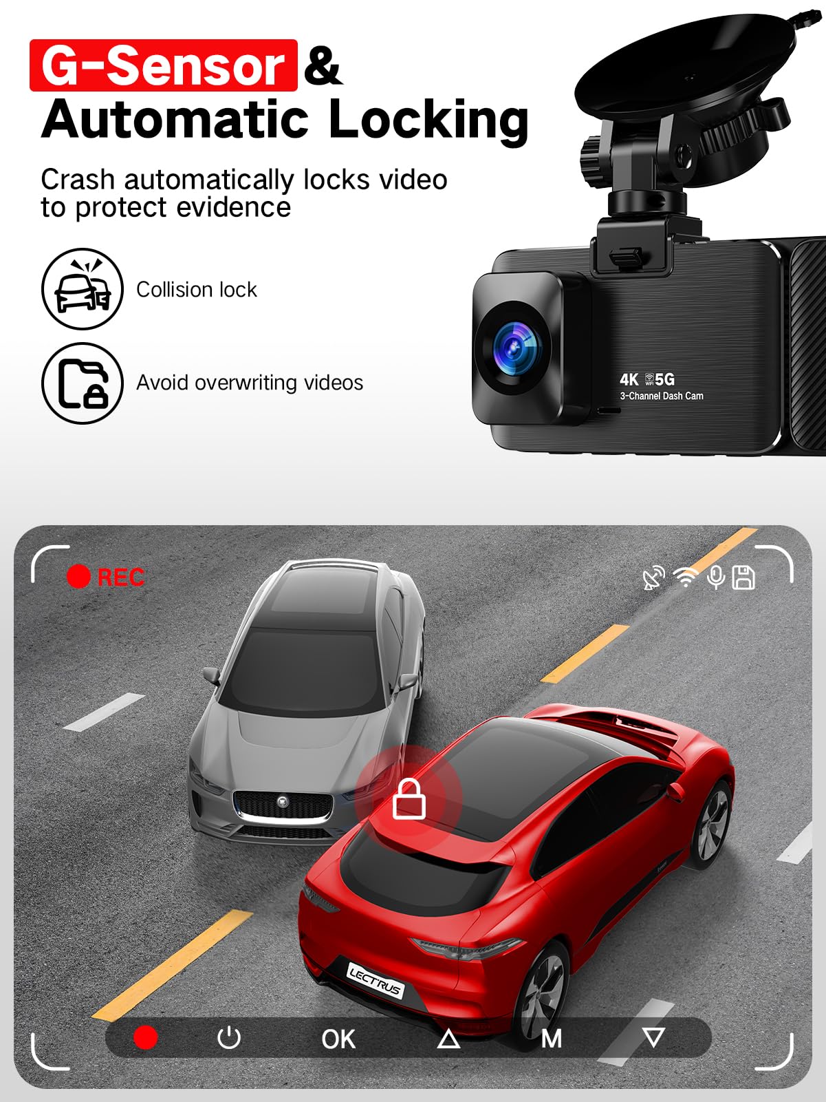 3 Channel Dash Cam Front Inside And Rear, 4K Full Hd Car Dash Camera With 64Gb Card, Night Vision, App Control, Loop Recording,