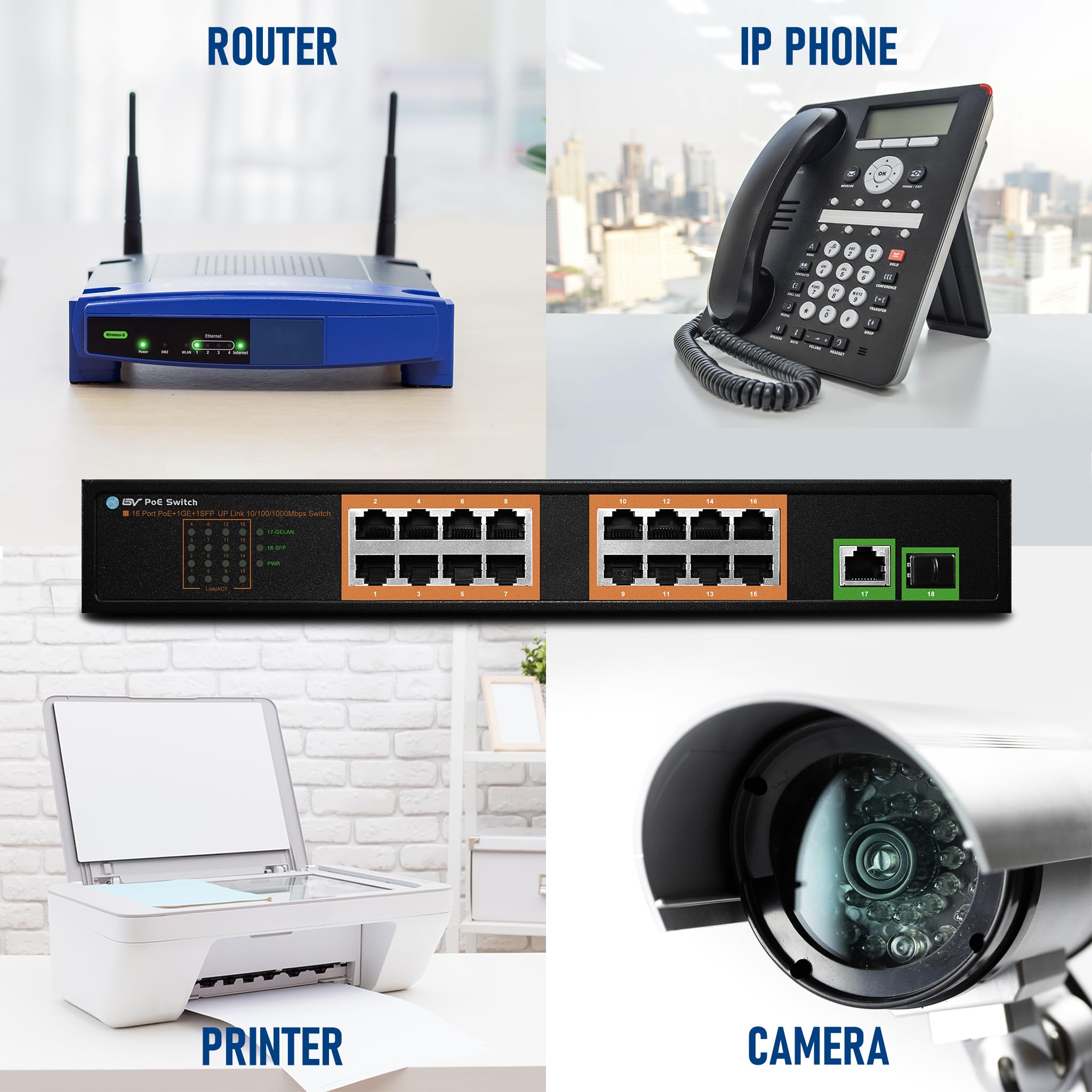 Bv Tech 18 Ports Long Range Poe+ Switch (16 Poe+ Ports | 2 Gigabit Ethernet Uplink)   19'' Rackmount   120W   802.3Af/At  Deskto