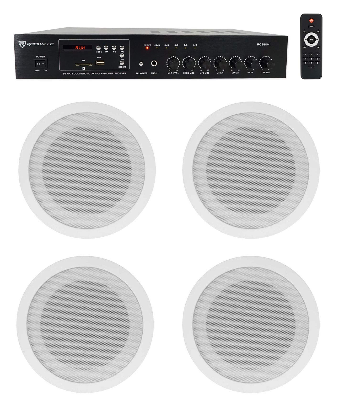 Rockville Commercial Audio Bundle: (4) CCL5T White 5 70V Ceiling Speakers, Multi-Tap, Flush Mount with RCS80-1 60-Watt 70V Ampli