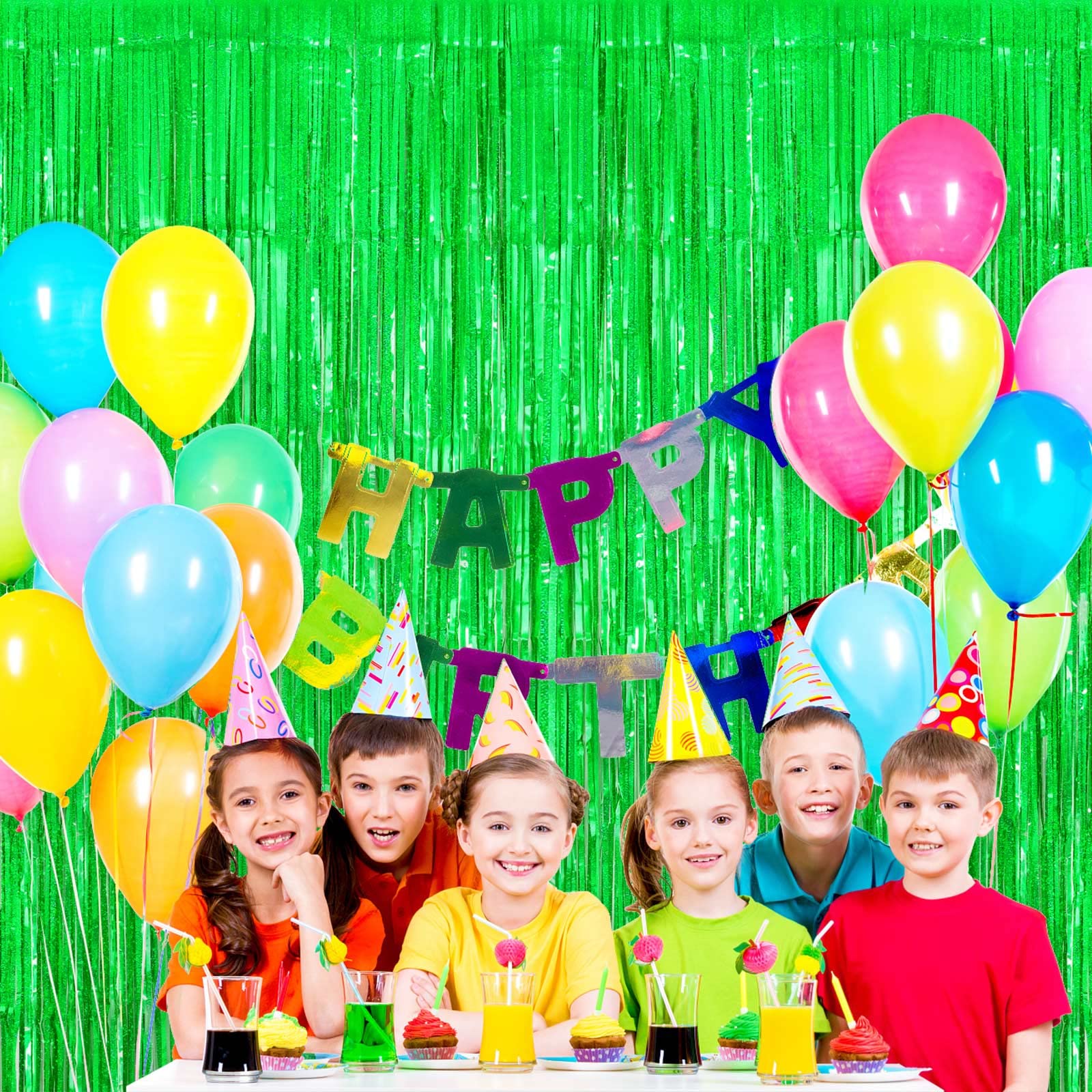 Green Tinsel Foil Fringe Curtain Backdrop, 3.3 X 8.2 Ft Metallic Glitter Curtain Streamers, 2 Pack Green Photoboth For Birthday
