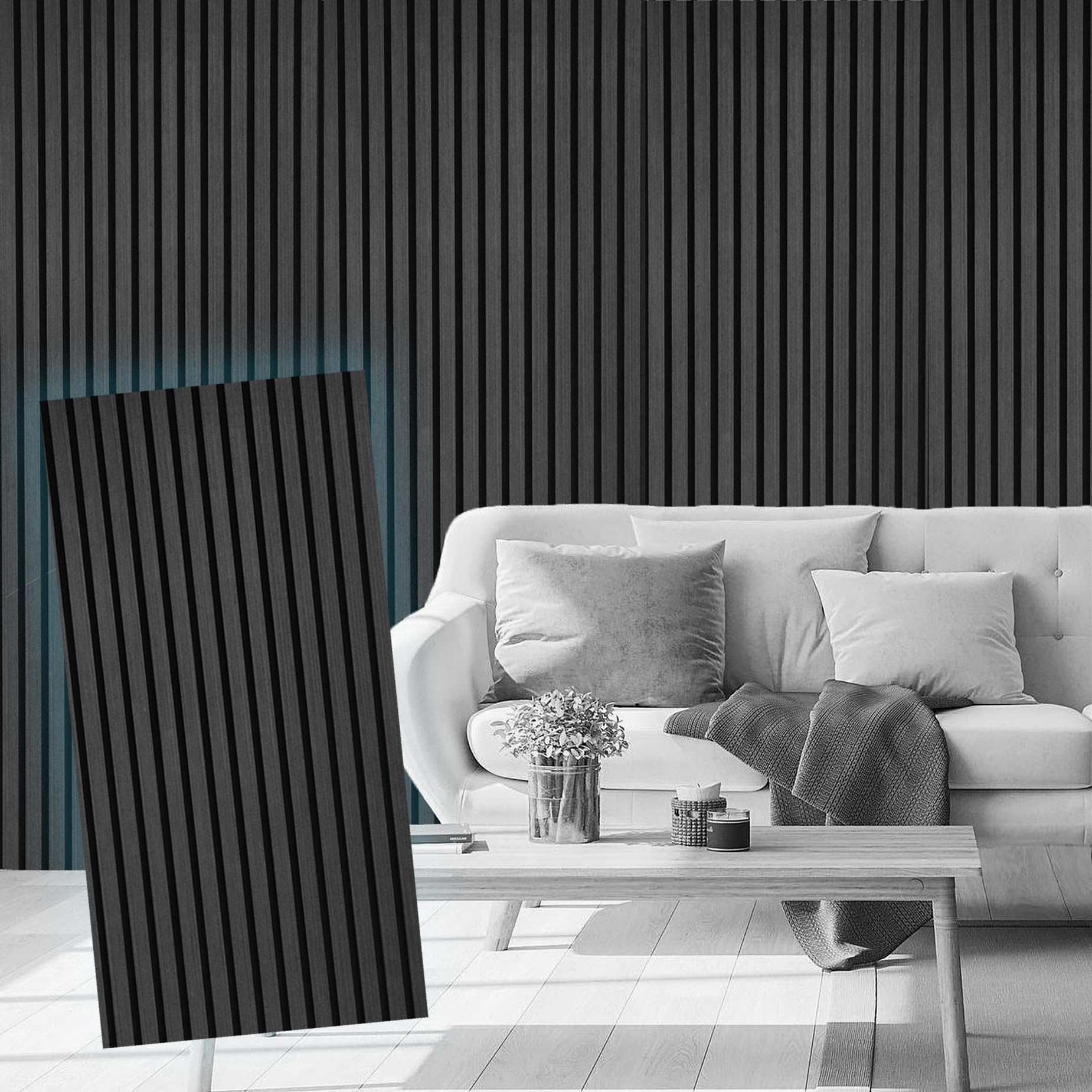 E Hao 4 Piece Wood Slat Acoustic Panels For Stylish Decor And Noise Reduction, 3D Textured Panel For Ceiling And Wall   Black Oa