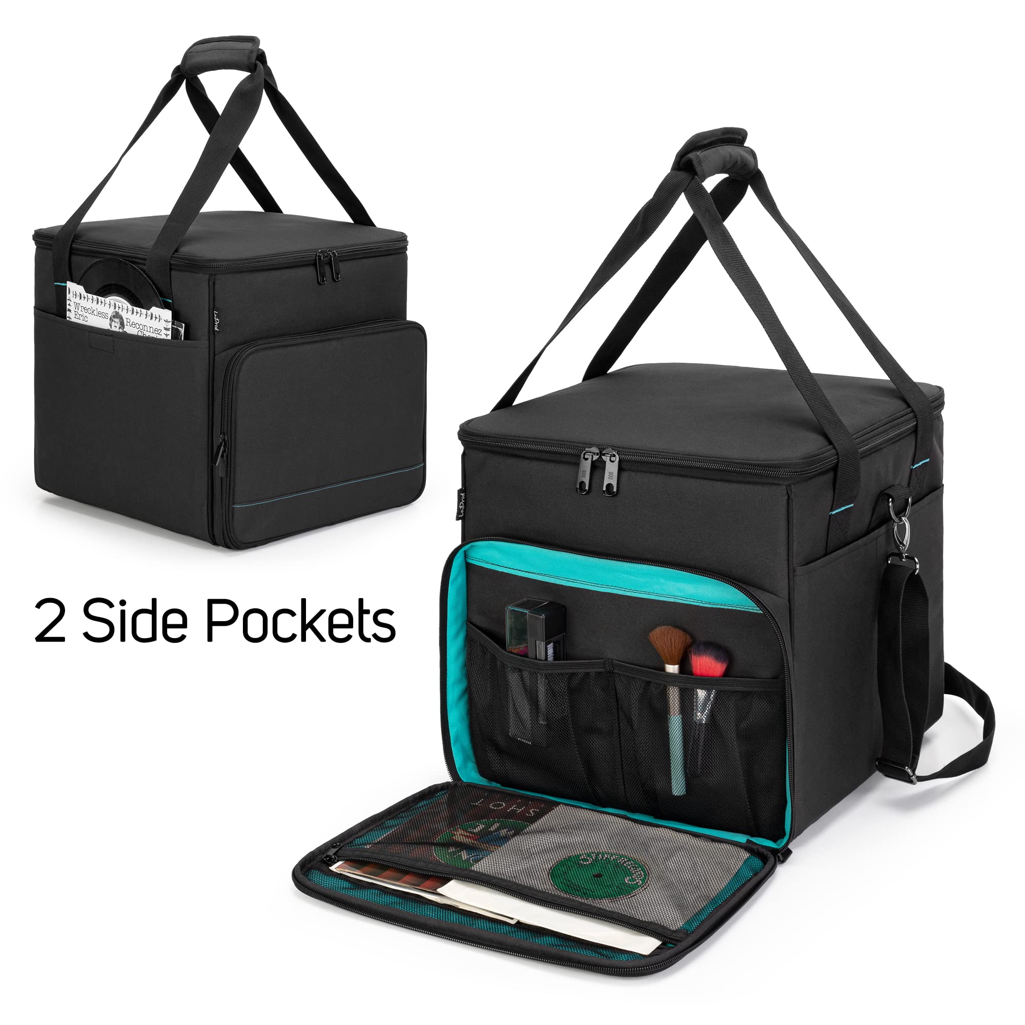 Lodrid Vinyl Record Carrying Bag With Bottom Padded Pad, Album Storage Case With 2 Detachable Dividers Holds Up To 60 Lp Records