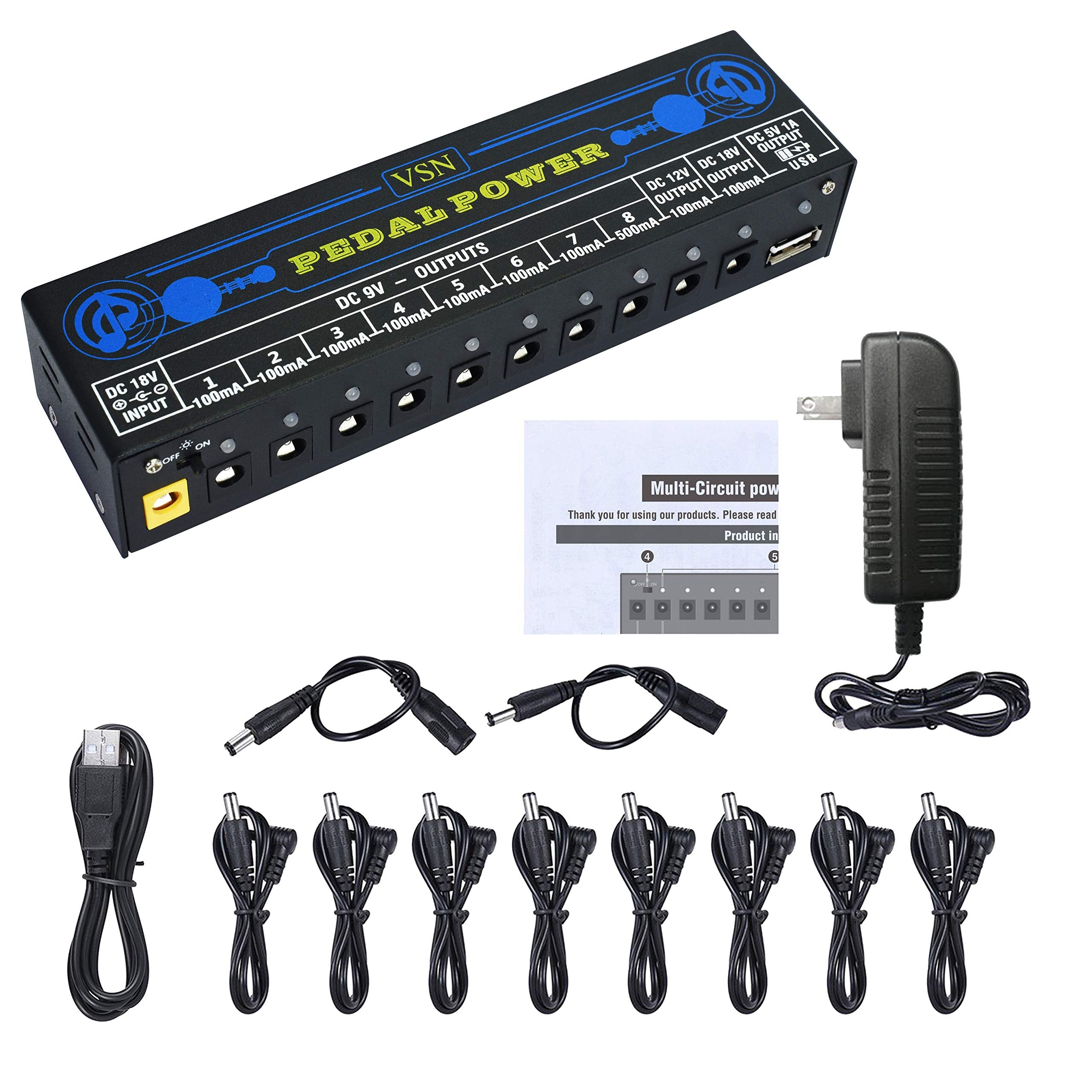 Vsn Guitar Pedal Power Supply 10 Isolated Dc Output For 9V/12V/18V Guitar Bass Effect Pedals With Usb Ports