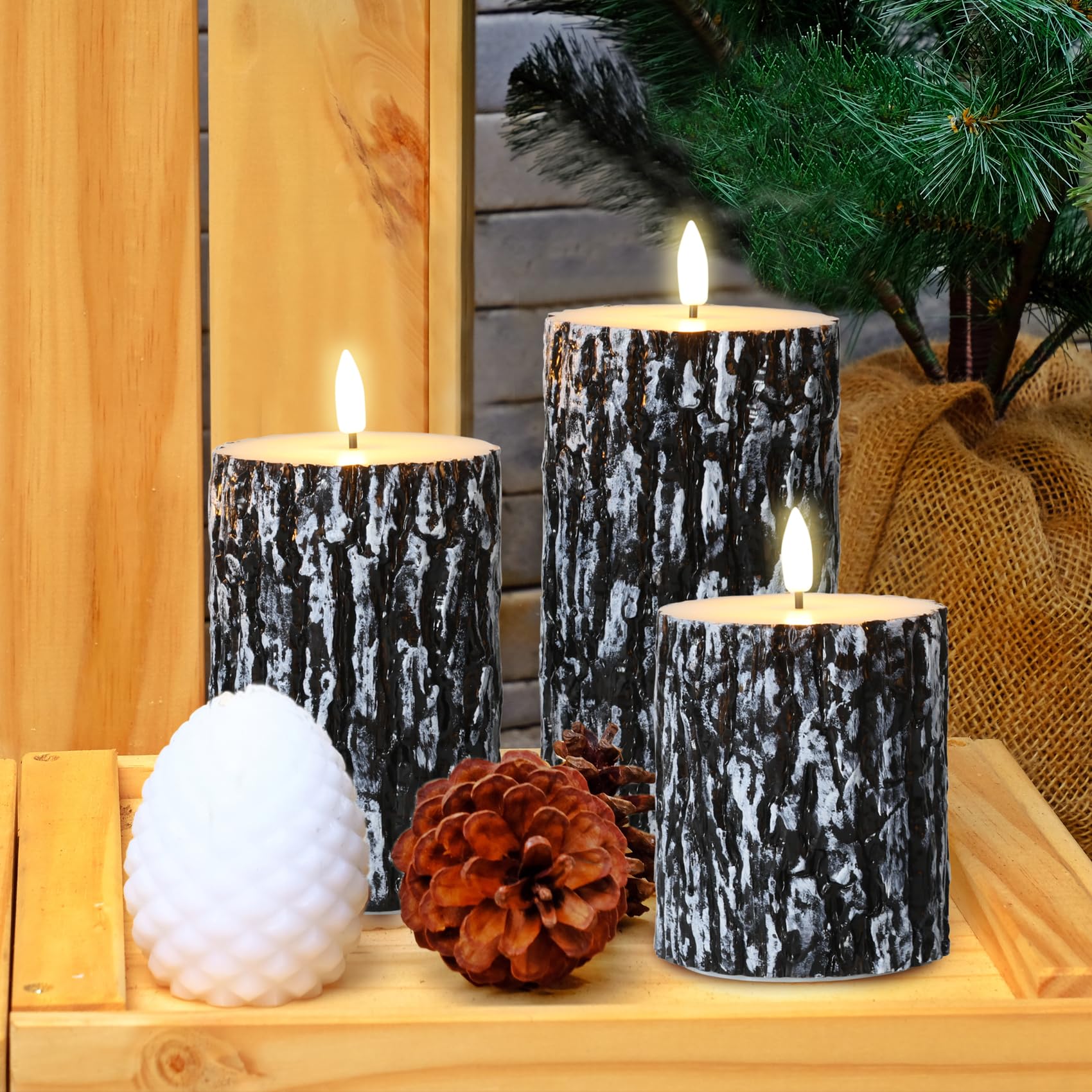 Eywamage Black Pine Bark Flameless Led Candles With Remote, Farmhouse Flickering Wood Pillar Candles Set Of 3