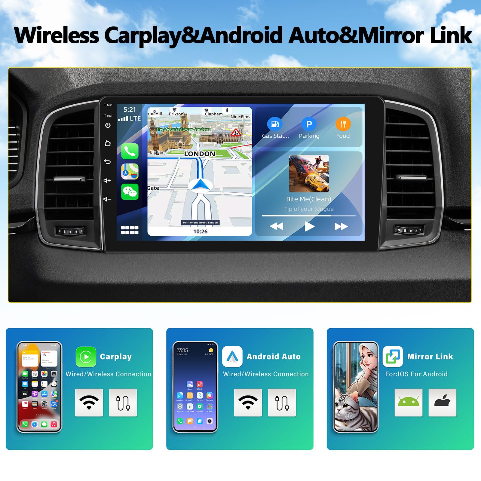 AMprime 10.1 Android Double Din Car Stereo, Apple Carplay, Bluetooth, WiFi, GPS, FM, SWC, Rear Camera & Microphone