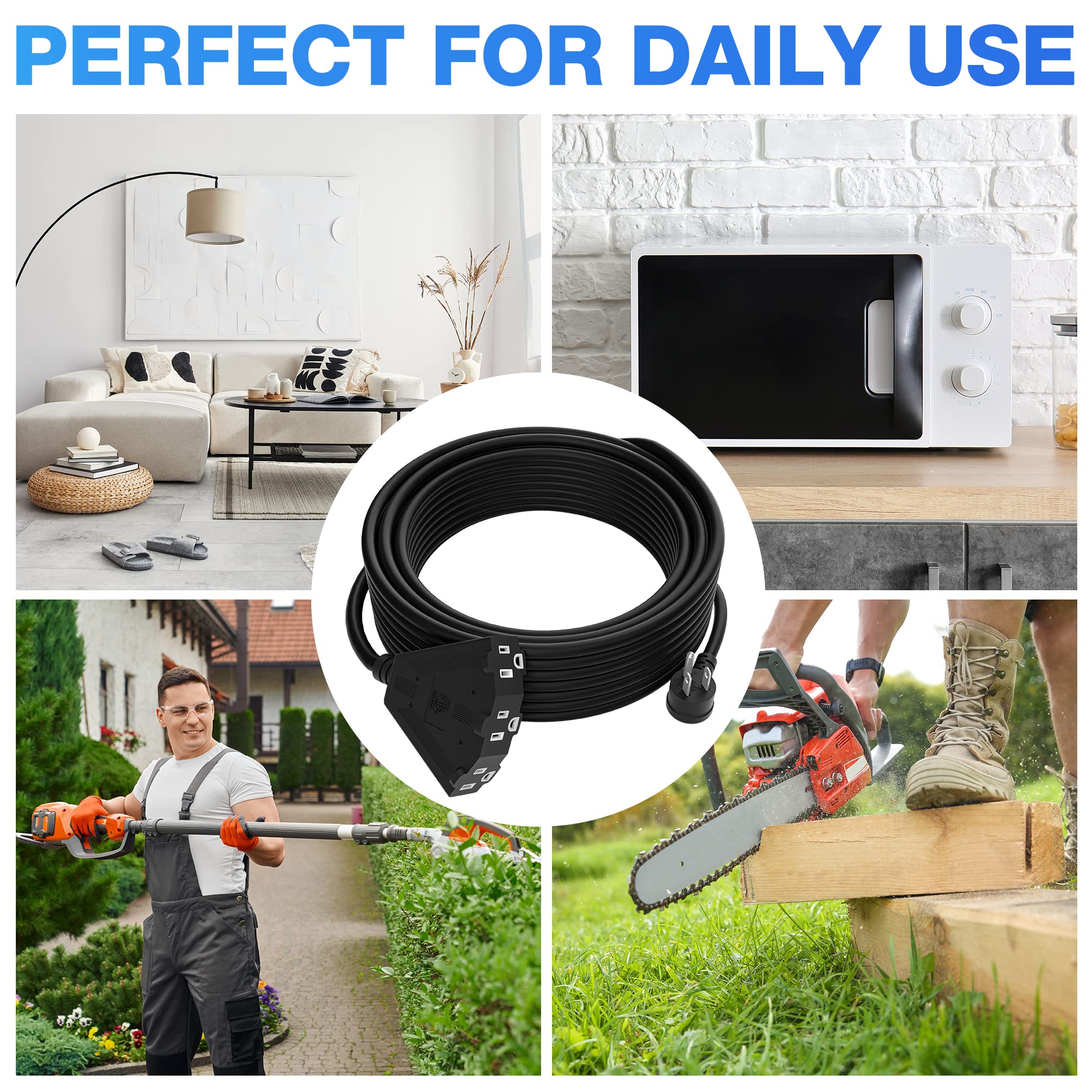 14/3 Gauge Heavy Duty Outdoor Extension Cord 12 Ft, 90 Degree Angled 3 Prong Plug, 14 Gauge Power Cable With 3 Outlets, 14Awg, 1