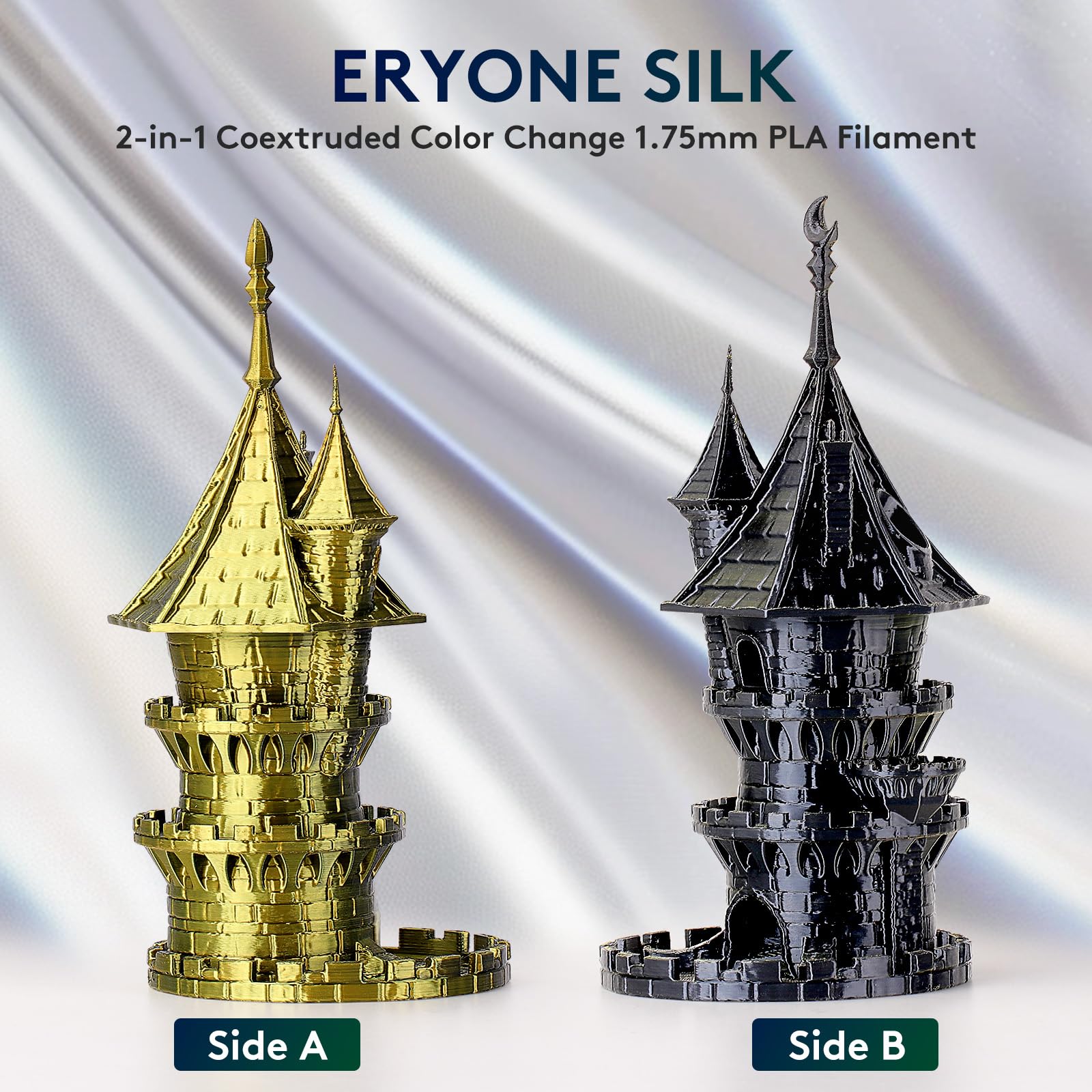 Eryone Silk Dual Color Filament Pla 3D Printer 1.75Mm +/  0.03Mm, Coextrusion Filament Pla Shiny Filament 1Kg(2.2Lbs), Black Gol