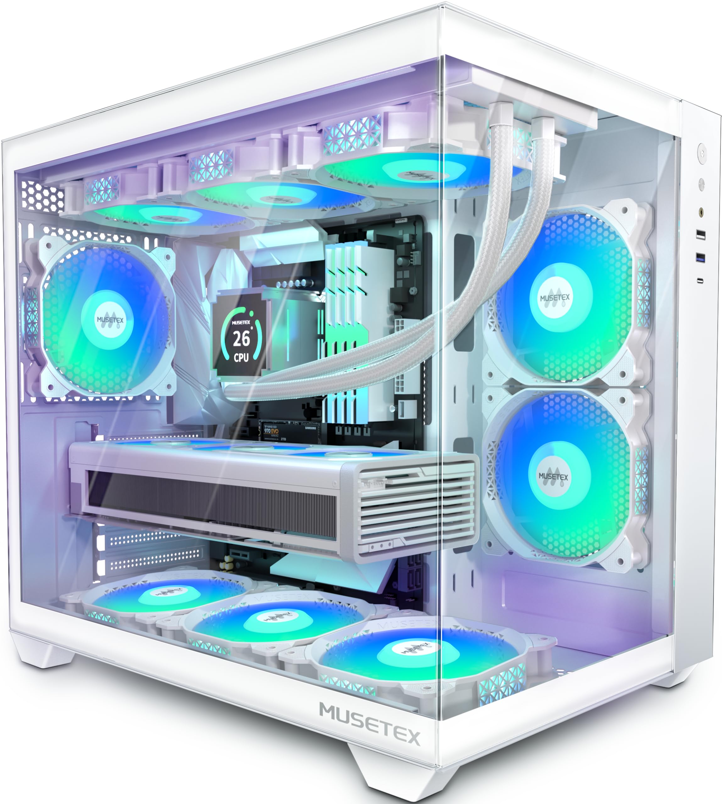 Musetex Atx Pc Case, 6 Pwm Argb Fans Pre Installed, 360Mm Rad Support, Type C Gaming Pc Case, 270 Full View Tempered Glass Mid T