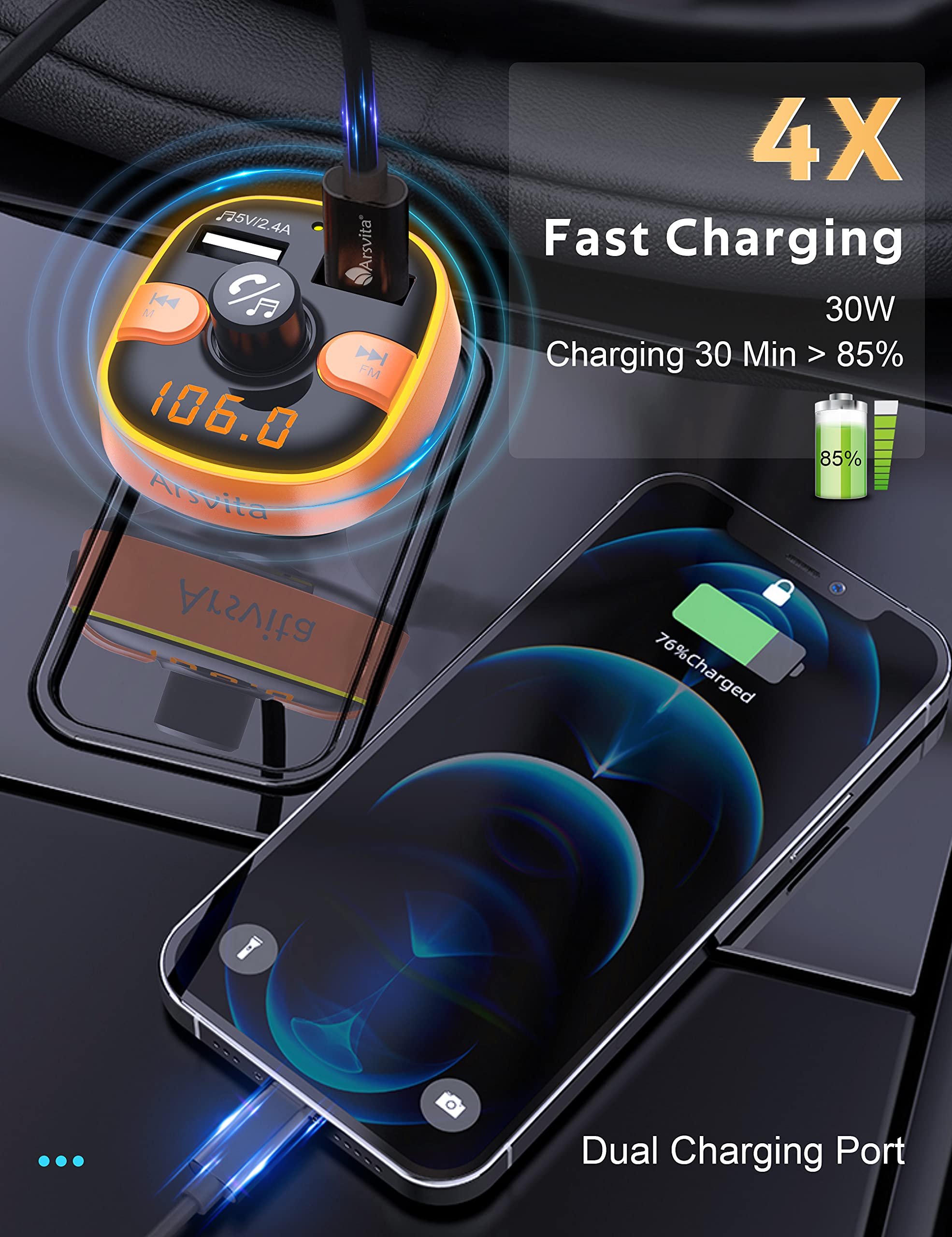 Upgraded Arsvita Bluetooth Fm Transmitter For Car, Radio Receiver/Audio Adapter With Dual Car Charger, Support Qc3.0 Quick Charging, Hands Free Calling And Hi Fi Sound Playback, Orange