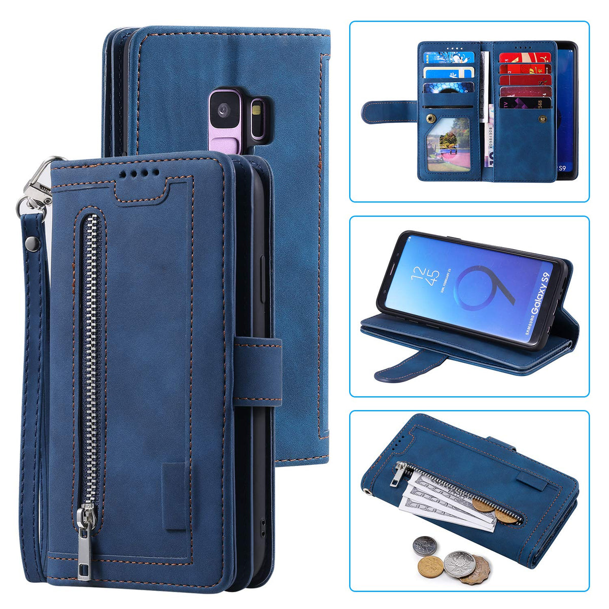 Ueebai Wallet Case For Samsung Galaxy S9 Plus, Retro 9 Card Holder Slots Zipper Pocket Handbag Case Pu Leather Magnetic Closure