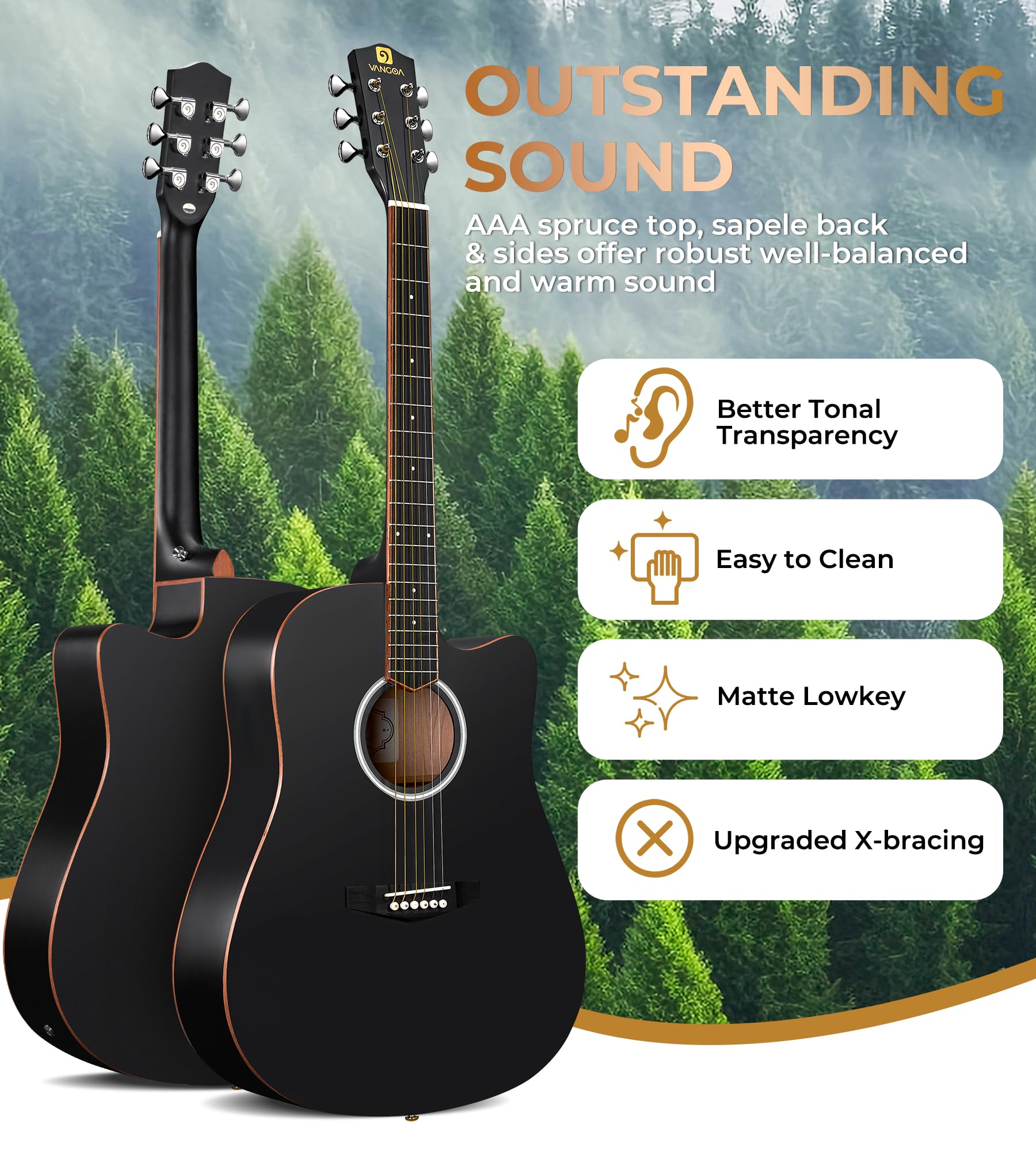 Vangoa 41'' Acoustic Guitar Bundle For Adults Beginners Teens Dreadnought Full Size Cutaway Guitarra Ac  Stica Kit With Gig Bag,