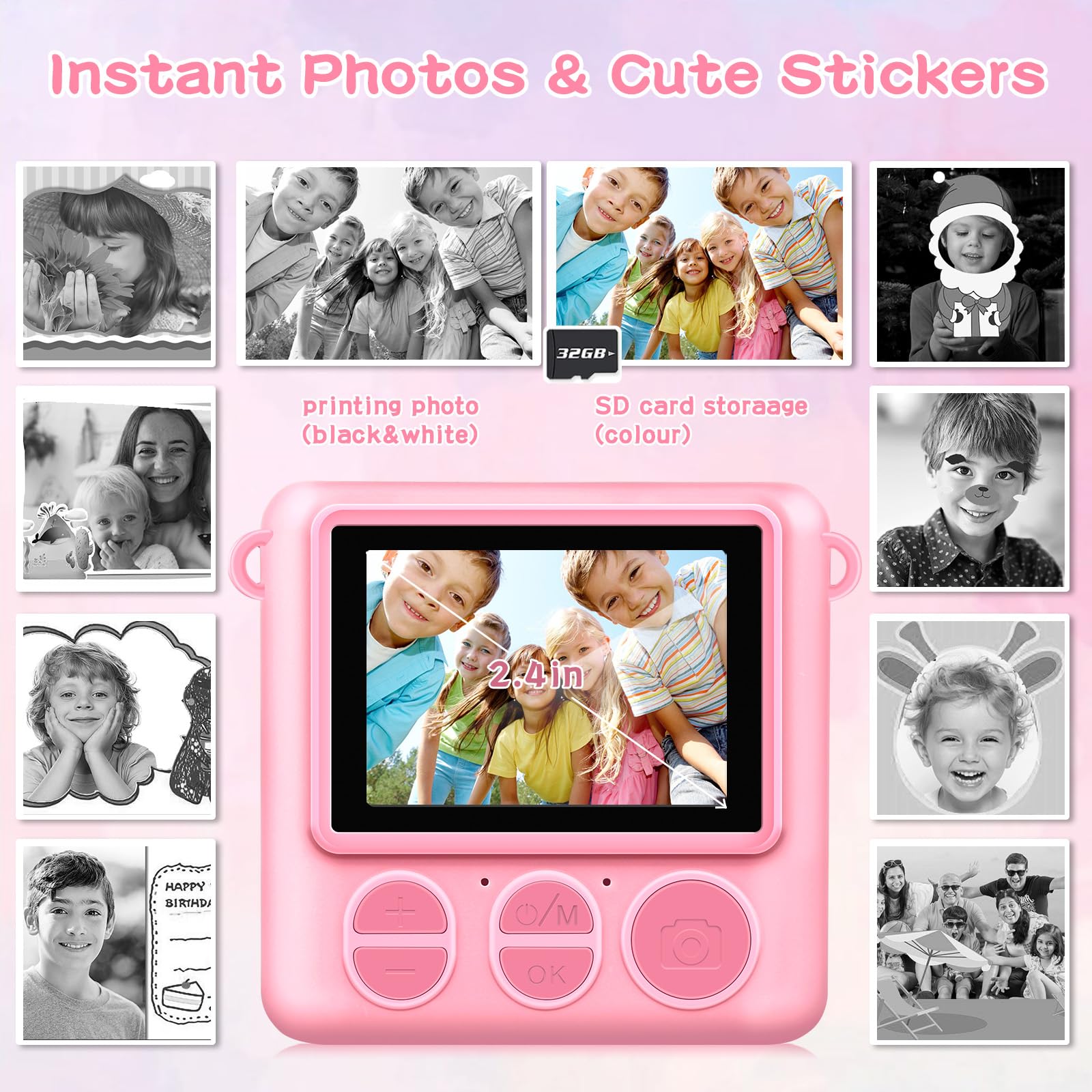 Camera For Kids Instant Print,Portable Camera With 32G Card & 1080P Video,Print Paper,Instant Print Camera With Color Pens For D
