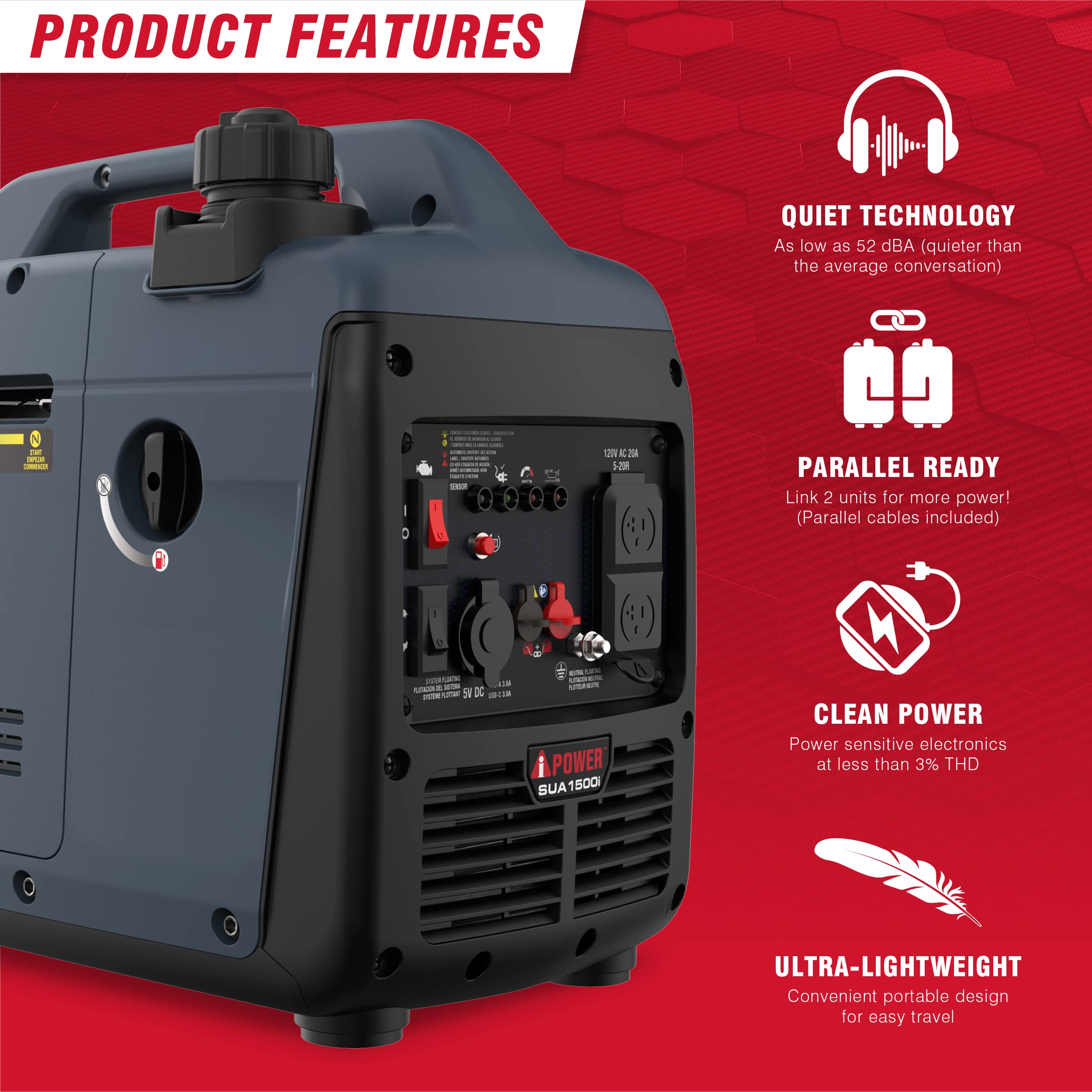 A Ipower Portable Inverter Generator, 1500W Super Quiet, Epa & Carb Compliant Co Sensor, Portable Ultra Light Weight For Backup
