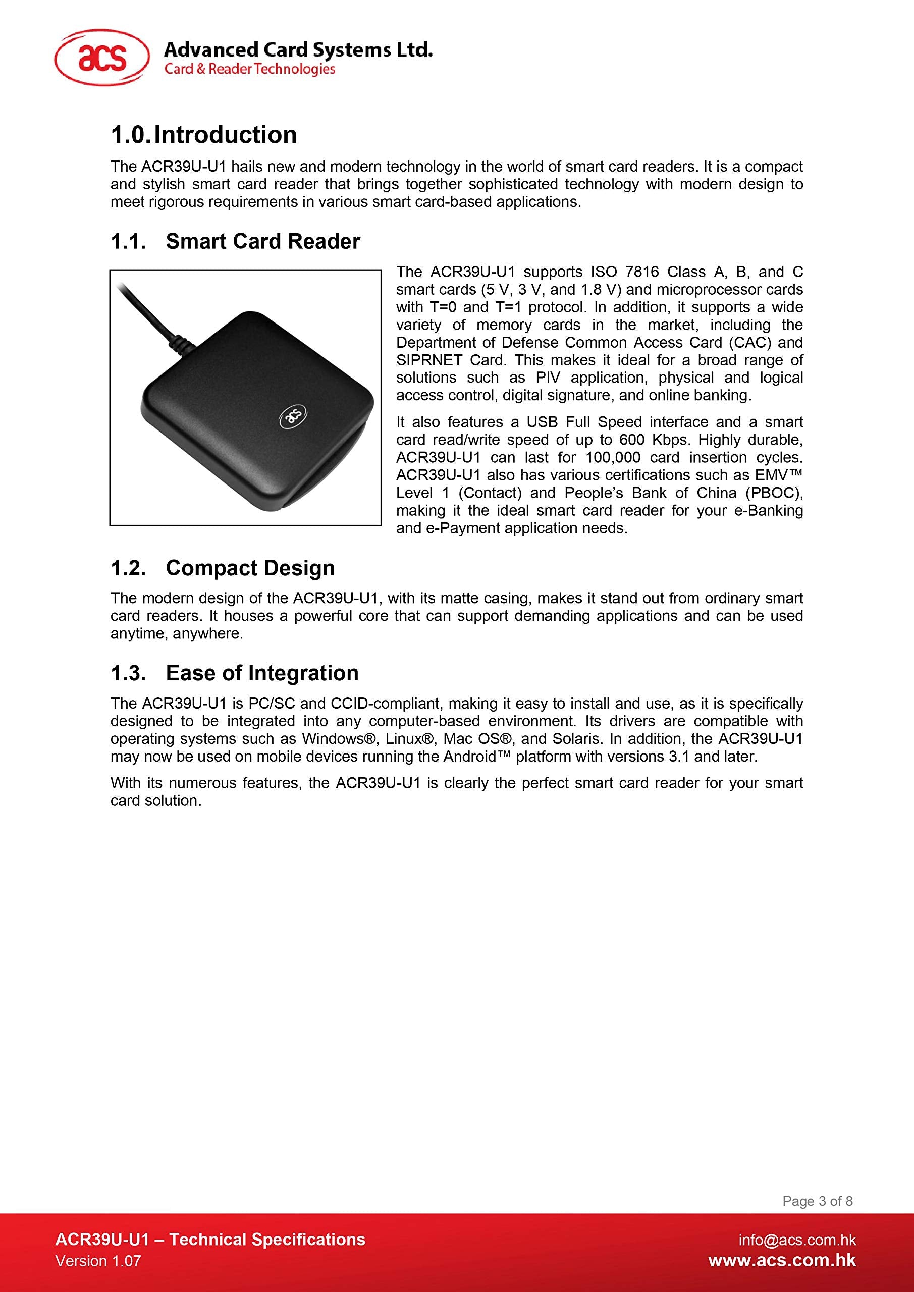 SCB Solutions USB Smart Card Reader ACR39U - Compact, Black, High-Speed Connectivity for Secure Transactions