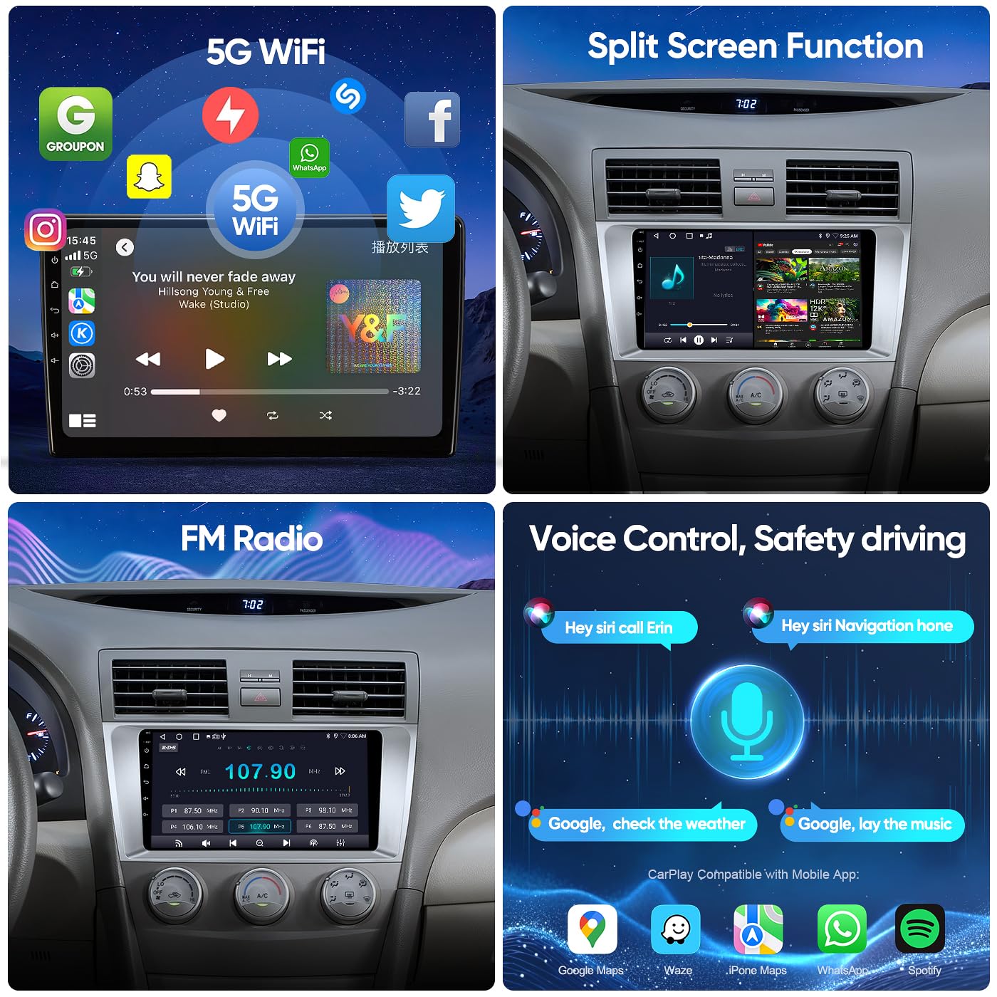 5G Wifi Android 12 Car Stereo For Toyota Camry 2006 2007 2008 2009 2010 2011, 9 Inch Ips Hd Touch Screen Car Radio Wireless Carp