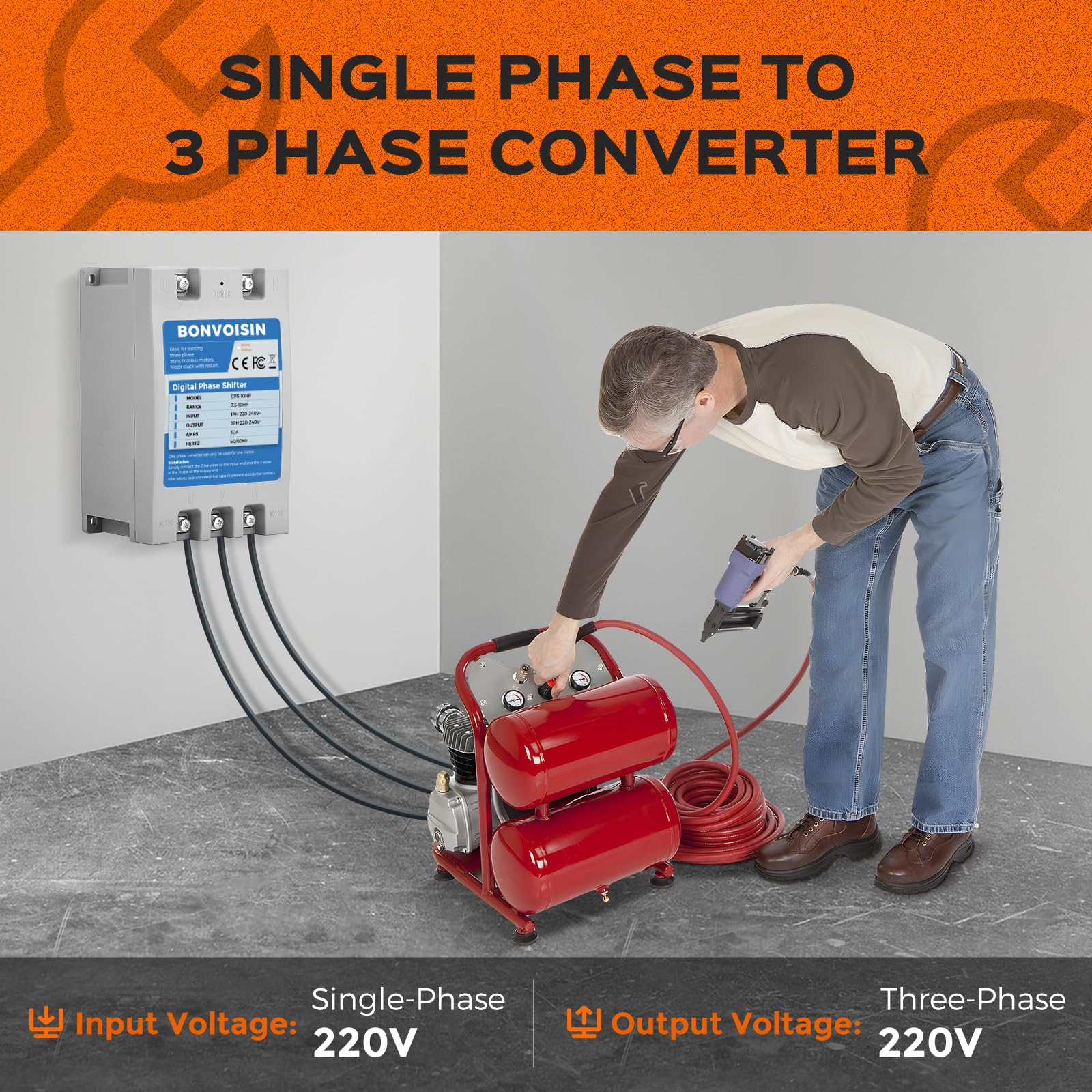 Bonvoisin Single Phase To 3 Phase Converter 20Hp(15Kw) Digital Phase Shifter, 70A 220V 240V Input/Output, One Converter Only For