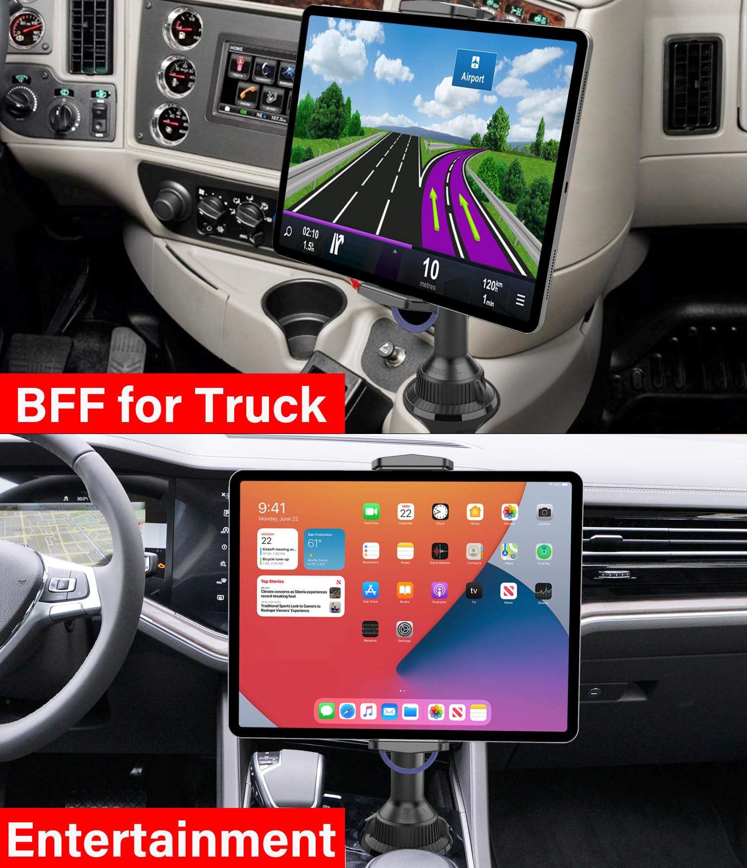 Apps2Car Solid Cup Holder Tablet Mount For Car, Adjustable Height Ipad Car Mount For Truck Low Profile Road Trip Essentials Compatible With 4.7 13' Ipad Pro Air Mini, Fire, Iphone, Cell Phone   Black