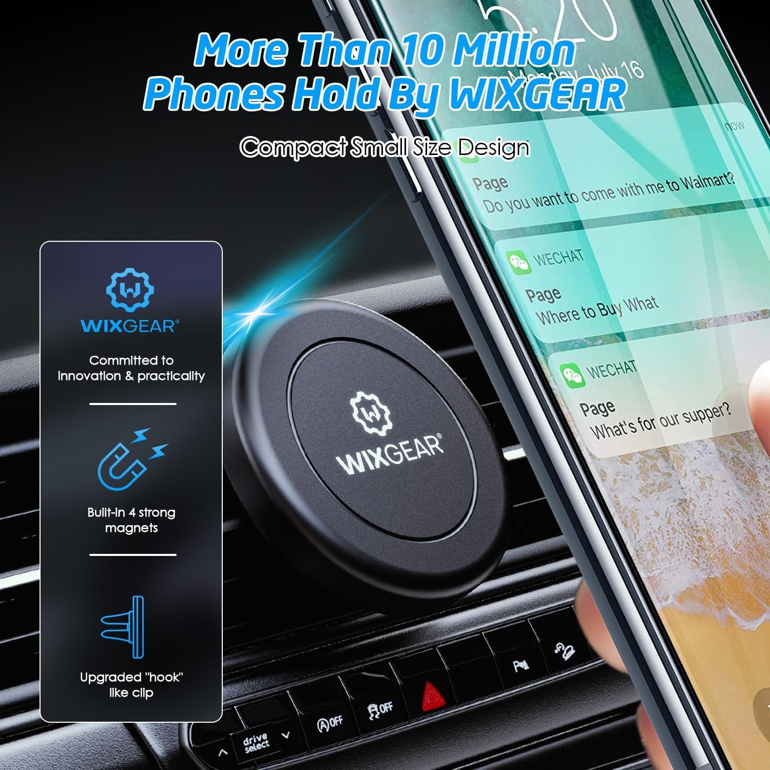 Wixgear Universal Air Vent Magnetic Phone Car Mount Holder With Fast Swift-Snap Technology For Smartphones And Mini Tablets, Bla