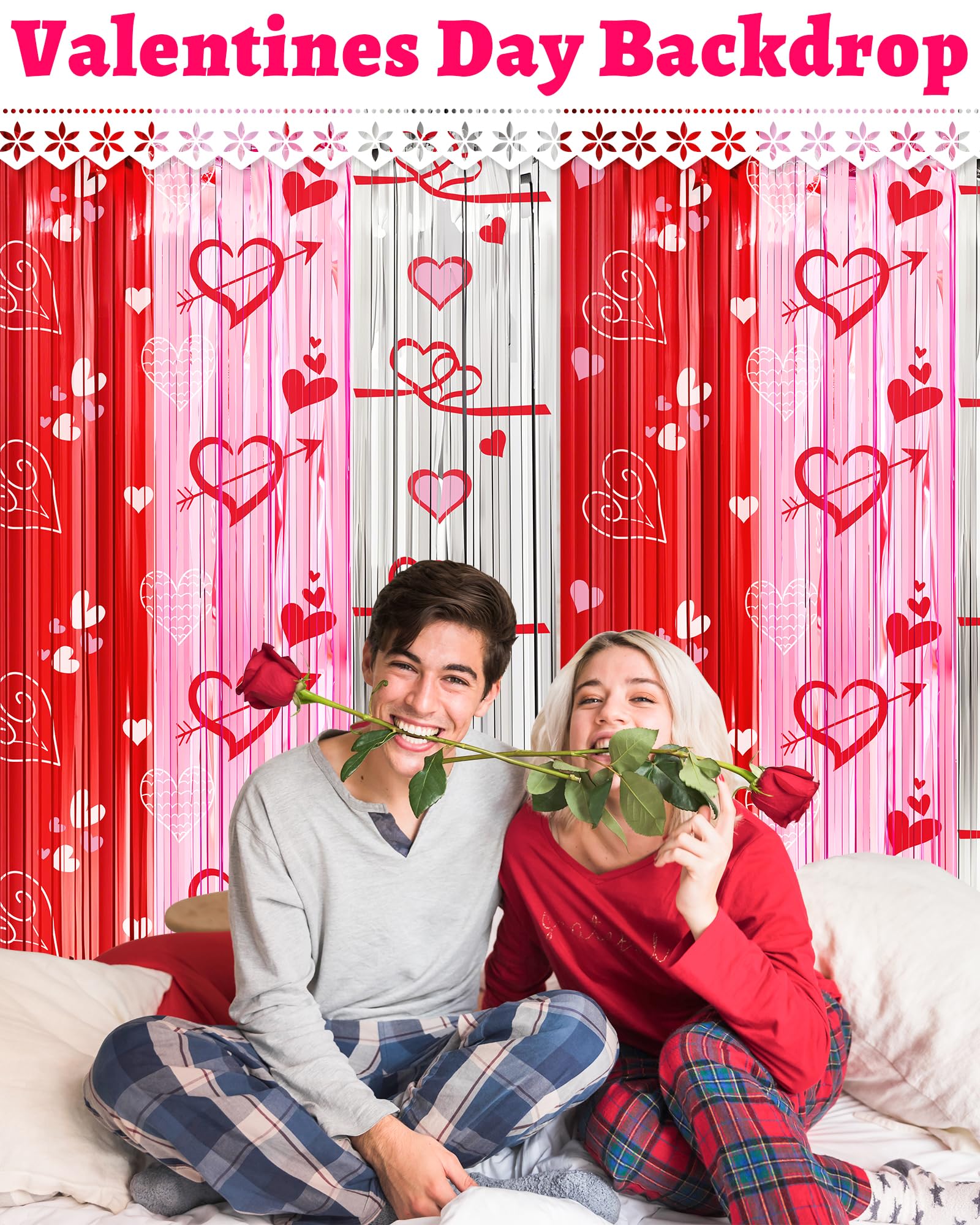 Valentines Day Decorations Foil Fringe Curtains For Party, 2 Pack 3.3 X 6.6 Ft Galentines Day Decorations Red Pink Silver Tinsel