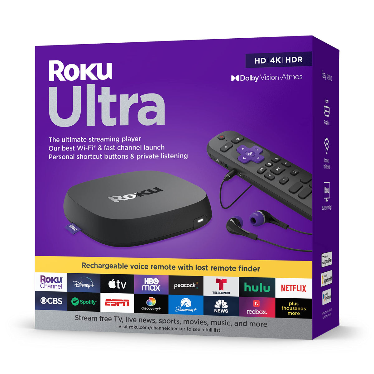 Roku Ultra | The Ultimate Streaming Device 4K/Hdr/Dolby Vision/Atmos, Rechargeable Roku Voice Remote Pro, Ethernet Port, Hands-F