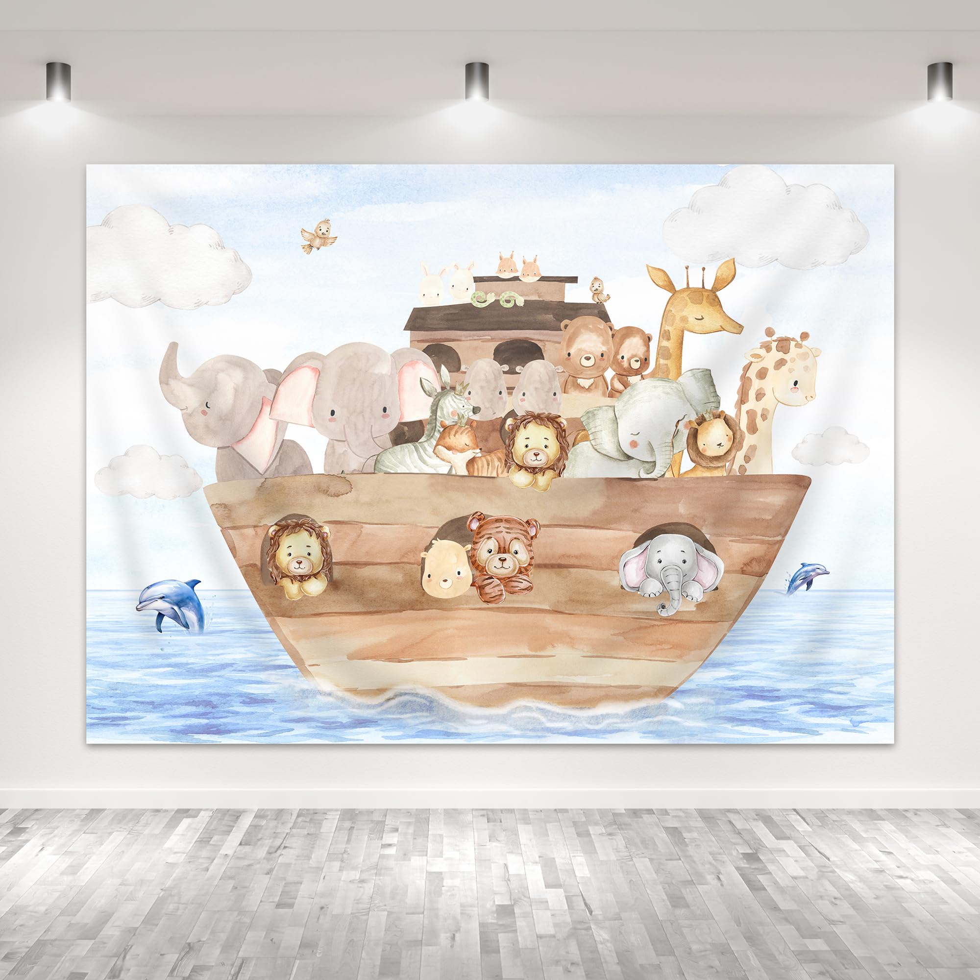 Glawry Noah'S Ark Baby Shower Backdrop For Photography 7Wx5H Feet Cute Cartoon Woodland Animals Blue Ocean Lovely Clouds Newborn