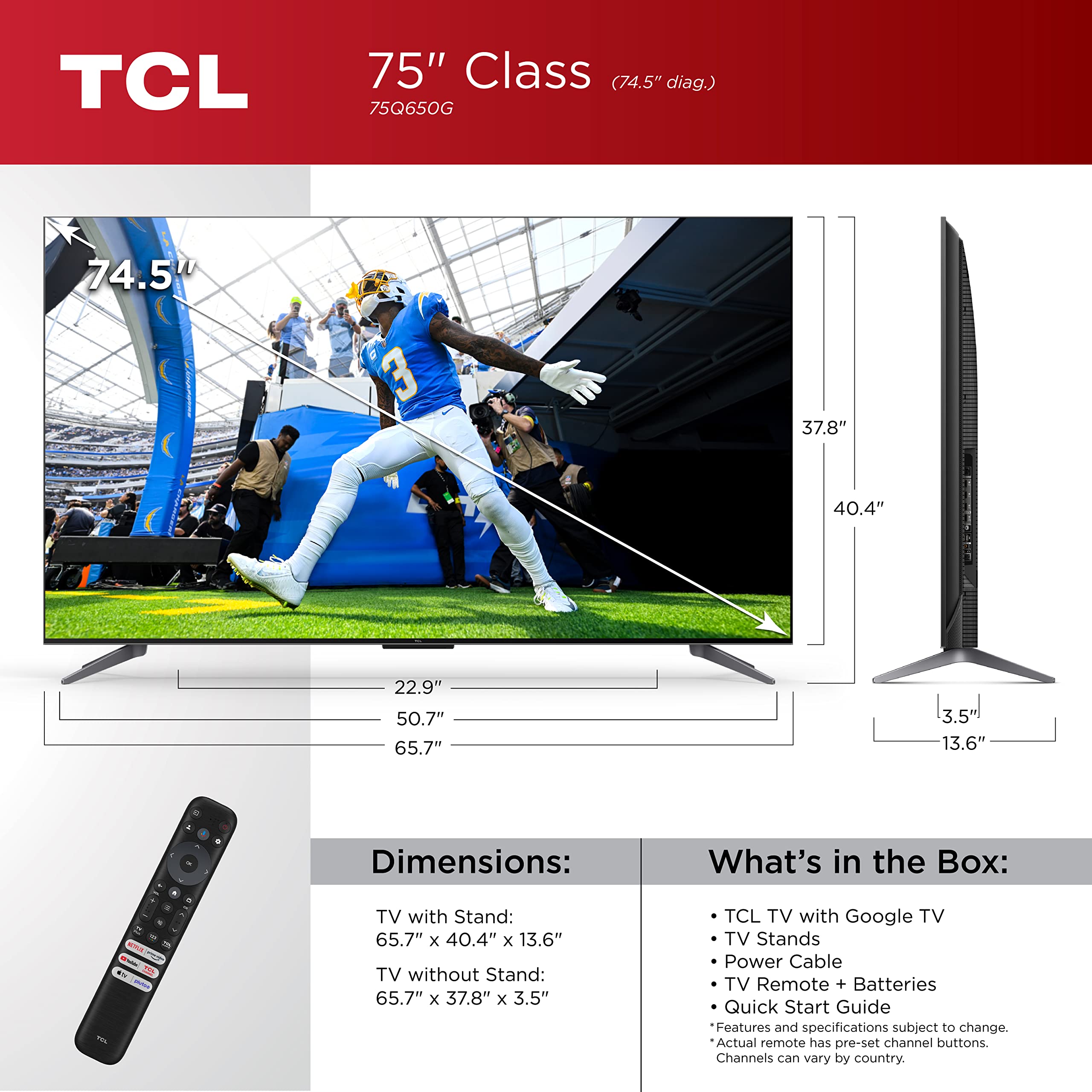 Tcl 75 Inch Q6 Qled 4K Smart Tv With Google (75Q650G, 2023 Model) Dolby Vision, Atmos, Hdr Pro+, Game Accelerator Enhanced Gamin