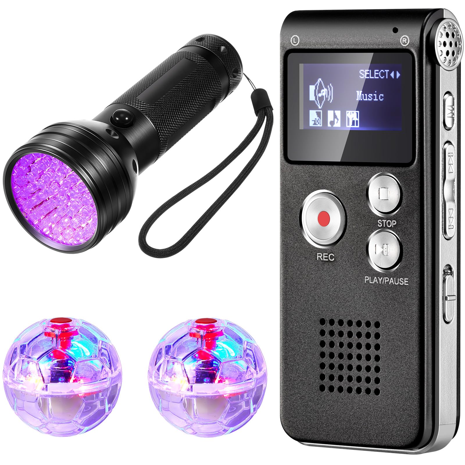 Dunzy 4 Pcs Ghost Hunting Equipment Kit Includes 1 Pocket Digital Voice Recorder 2 Led Light Up Pet Cat Ball 1 Black Uv Flashlig