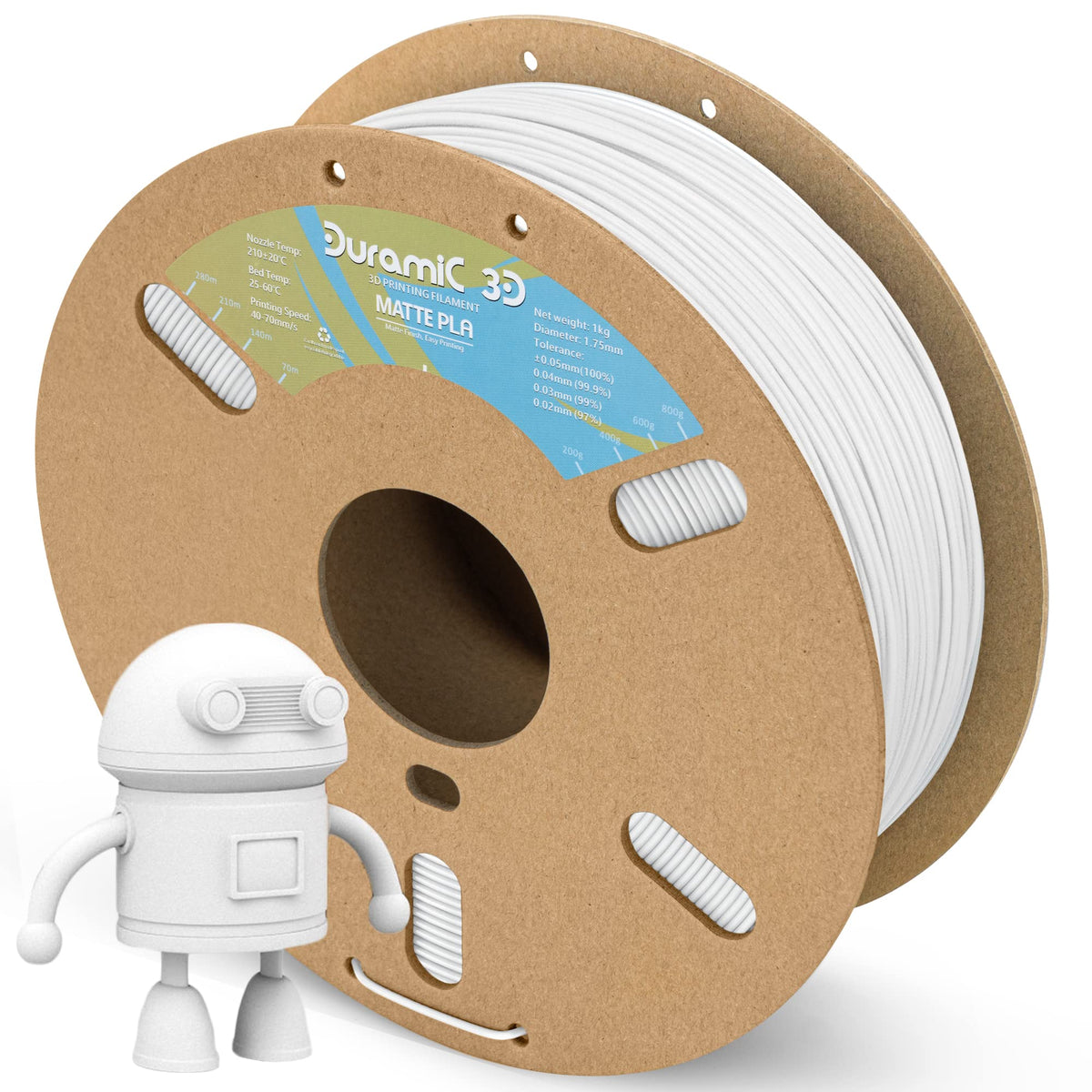 Duramic 3D Matte Pla Filament 1.75Mm White, 1Kg Cardboard Spool Matte Finish 3D Printer Filament Pla 1.75Mm Dimensional Accuracy