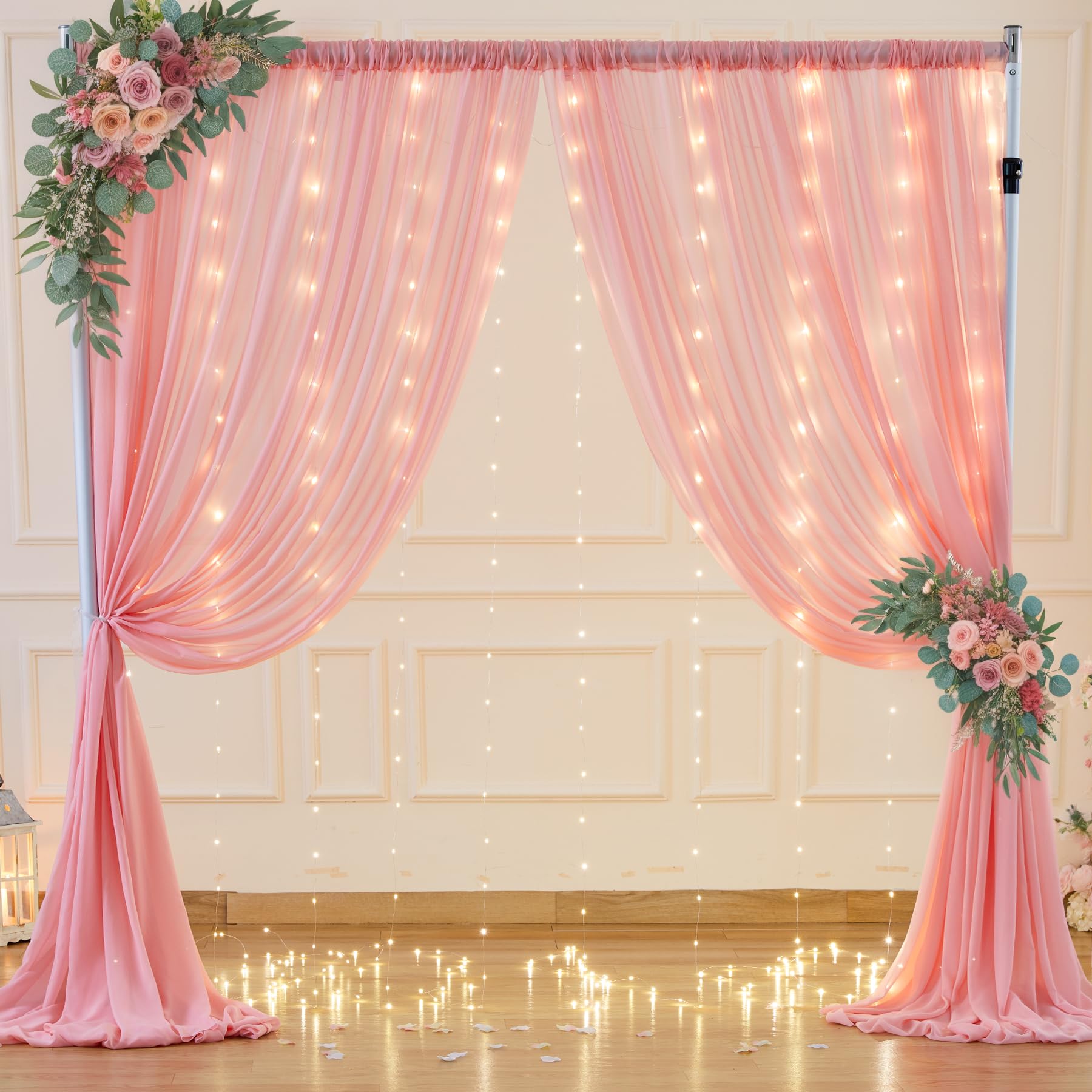 10Ft X 7Ft Baby Pink Chiffon Backdrop Curtain With Lights String For Parites Wedding Wrinkle Free Curtain Photo Backdrops Drapes