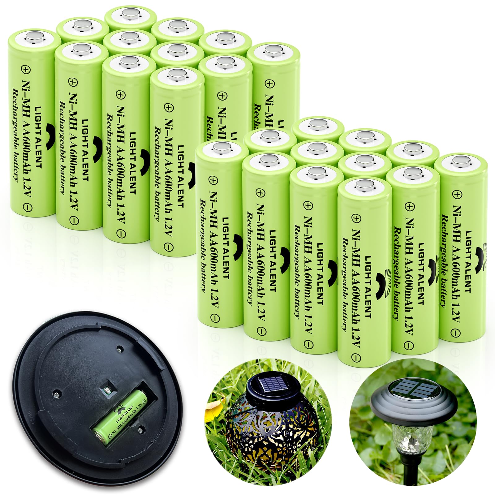 Lightalent Ni-MH AA Rechargeable Batteries, Double A High Capacity 1.2V Pre-Charged Battery for Outdoor Solar Lights (AA-600mAh-