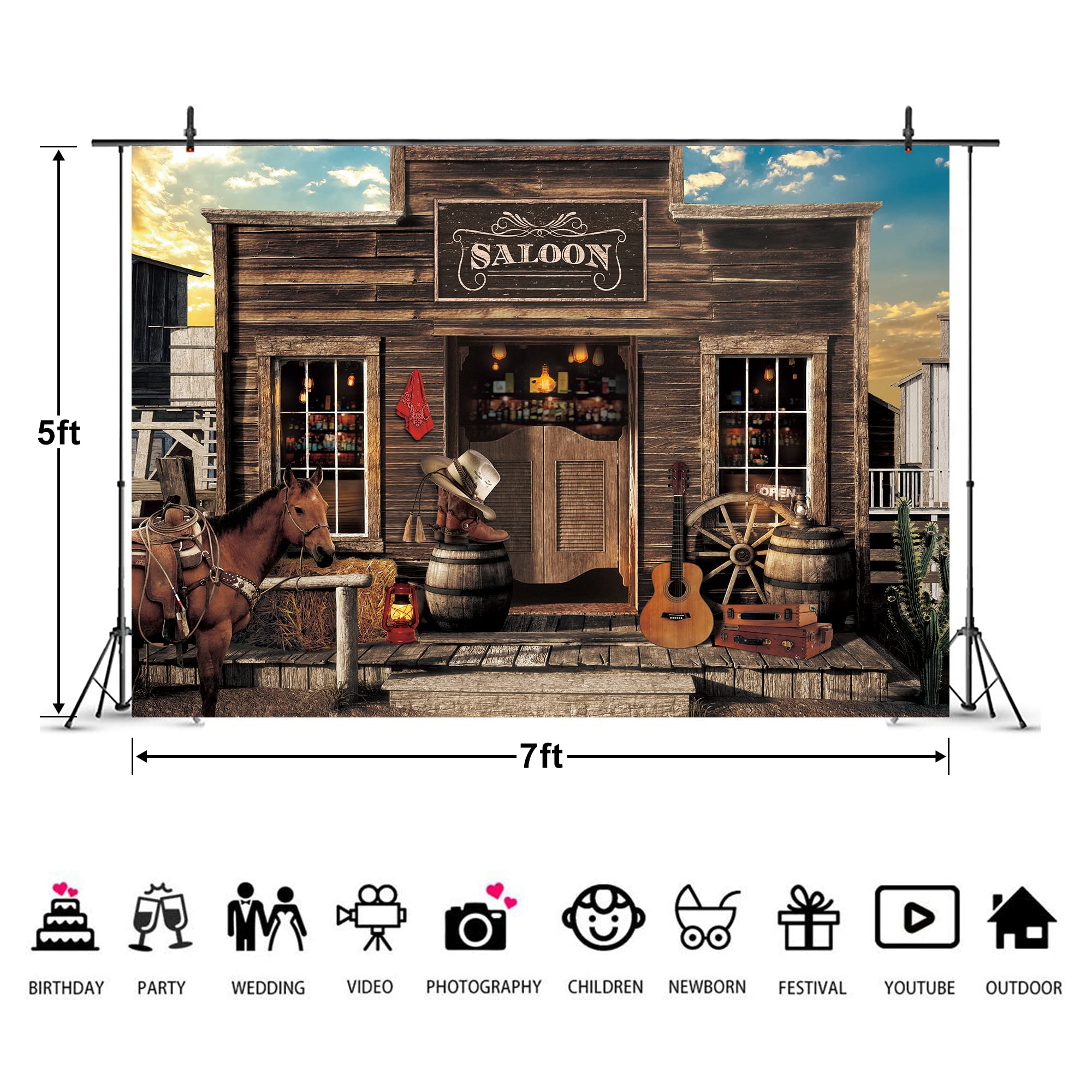 Imirell Western Saloon Cowboy Backdrop 7Wx5H Feet Country Vintage Bar Wild West Ranch Texas Vaque Horse Barn Door Cowgirl Baby S
