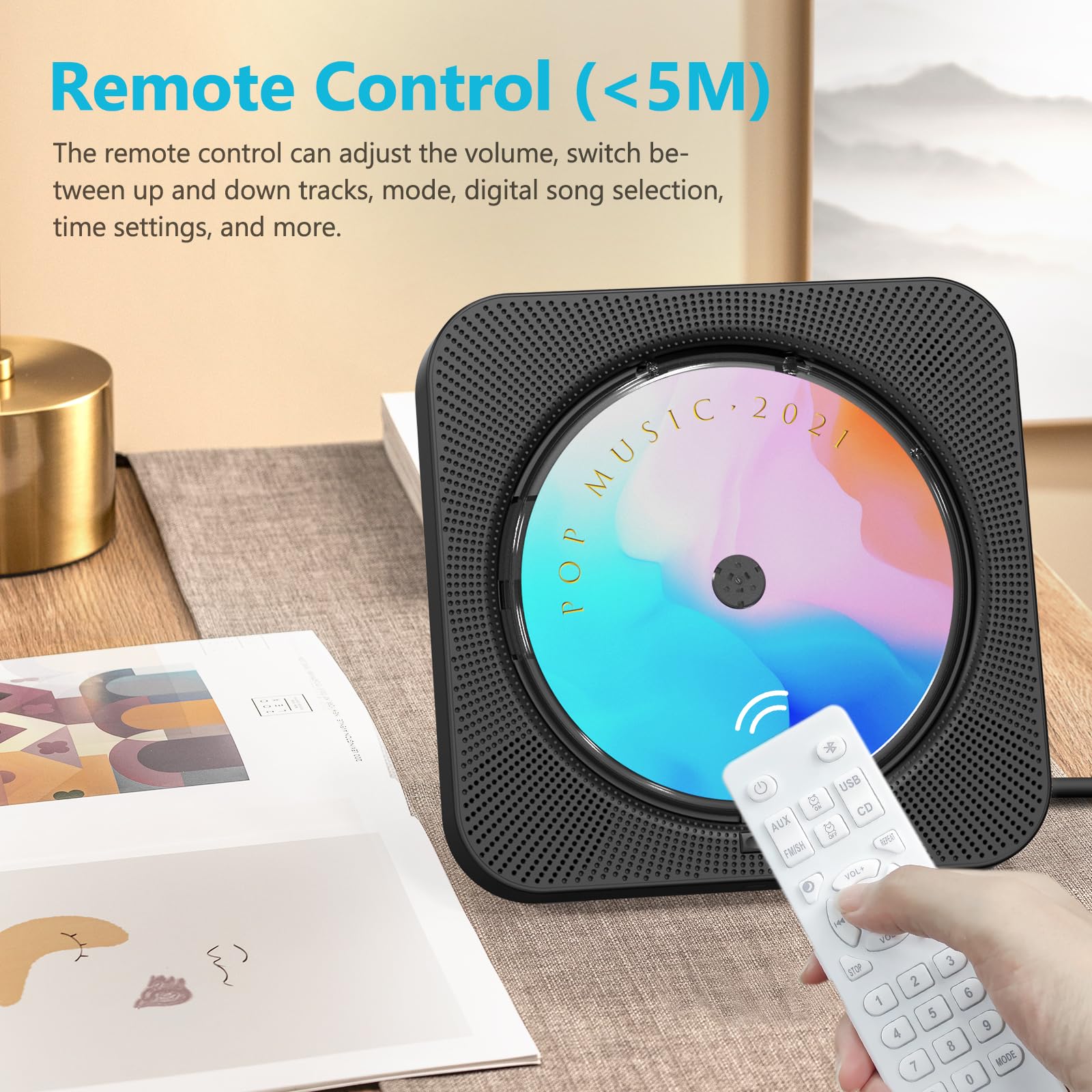 Cd Player Portable With Bluetooth 5.1Desktop Cd Player With Hifi Sound Speakers,Remote Control,Dust Cover,Led Display,Boombox Fm