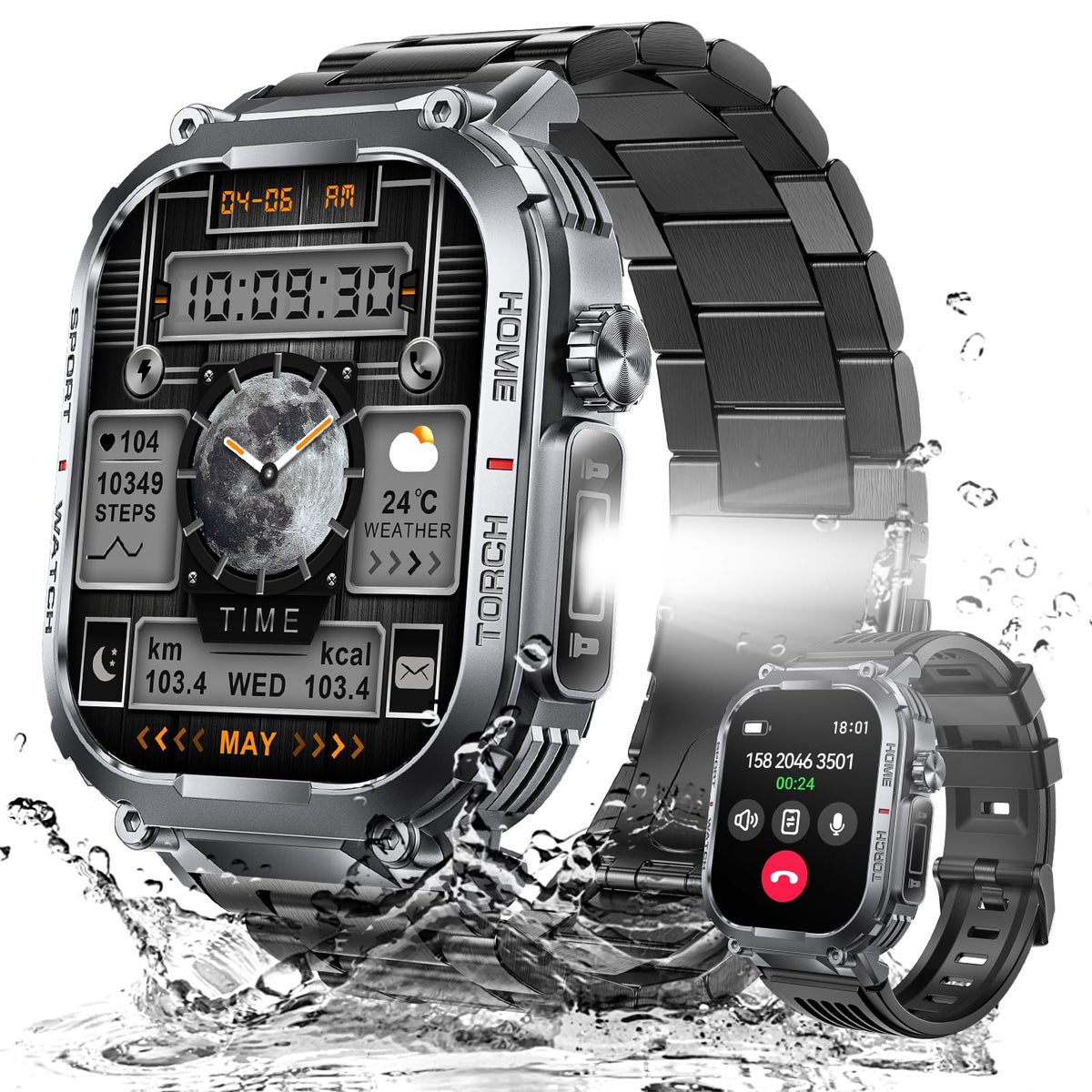 Bassizo Military Smart Watch For Men 3Atm Waterproof With Call/Led Flashlight 2.02'' Hd Big Screen Rugged Tactical Smartwatch Wi