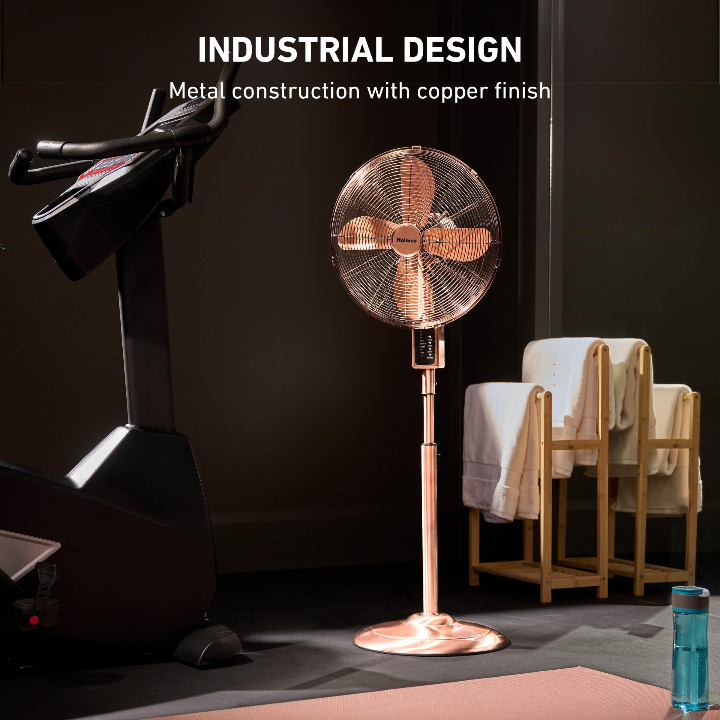 Holmes 16'' Copper Digital Metal Stand Fan, 75 Oscillation, 3 Speeds, 4 Blades, 3 Modes, 7.5 Hour Timer, Adjustable Height, 20 H