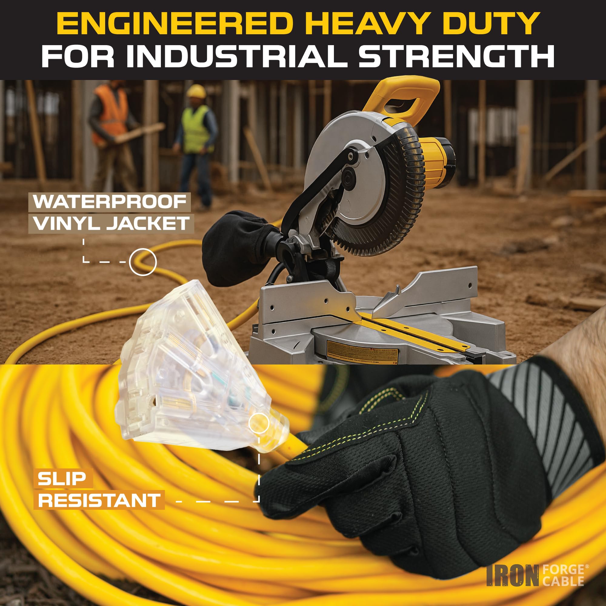 Iron Forge Cable 2 Foot Lighted Outdoor Extension Cord With 3 Outlets - 12/3 Sjtw Heavy Duty Yellow Extension Cable 3 Prong - Mu