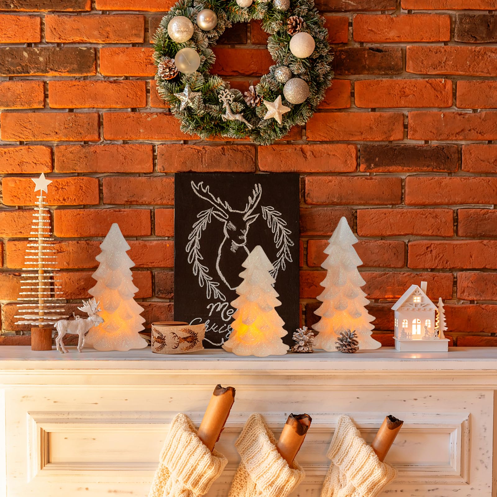 Hn Haiinaa White Glittering Christmas Tree Shaped Flameless Candles With Timer, Real Wax Flickering Battery Operated Led Candles