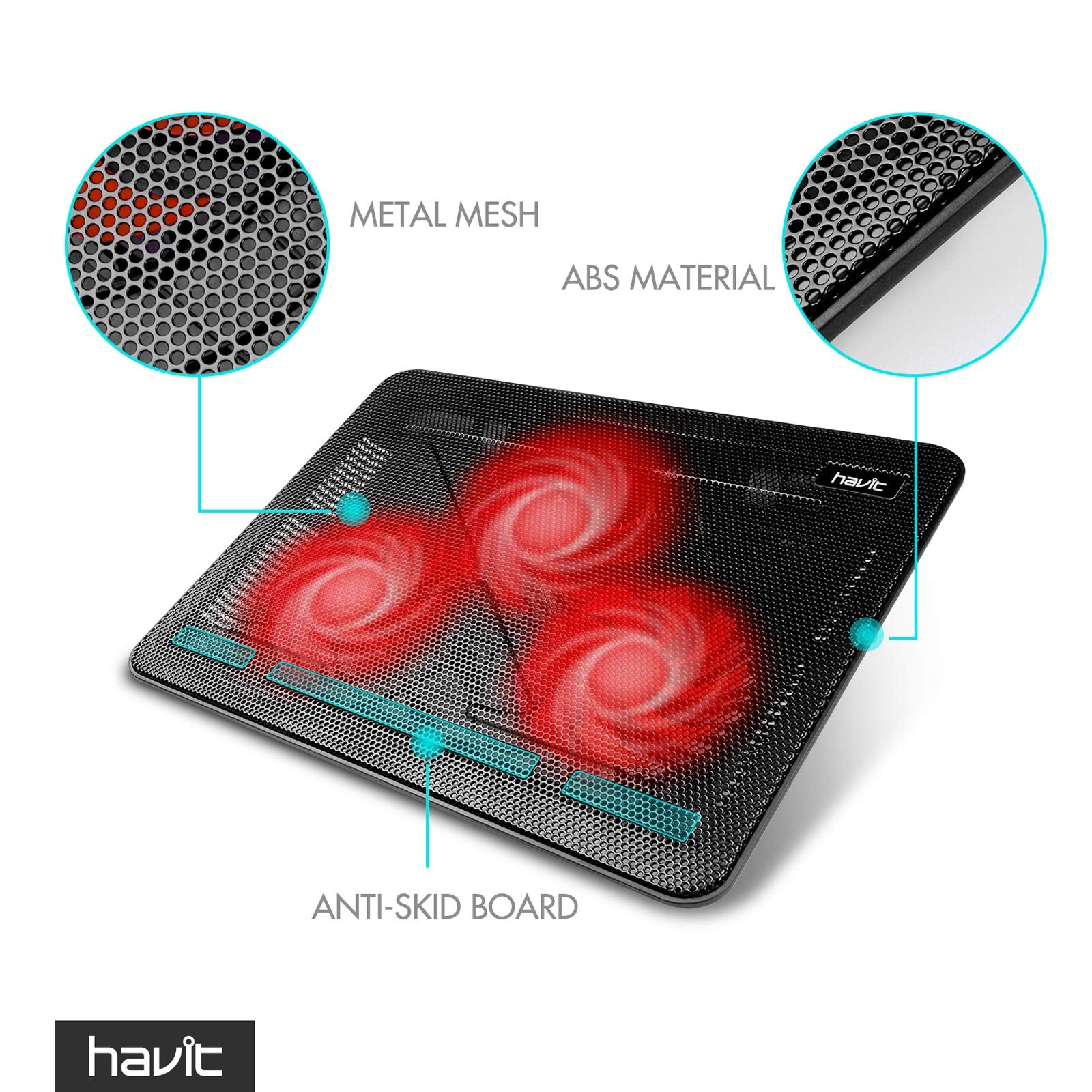 Havit Hv F2056 15.6 17 Inch Laptop Cooler Cooling Pad   Slim Portable Usb Powered (3 Fans) (Black+Red)