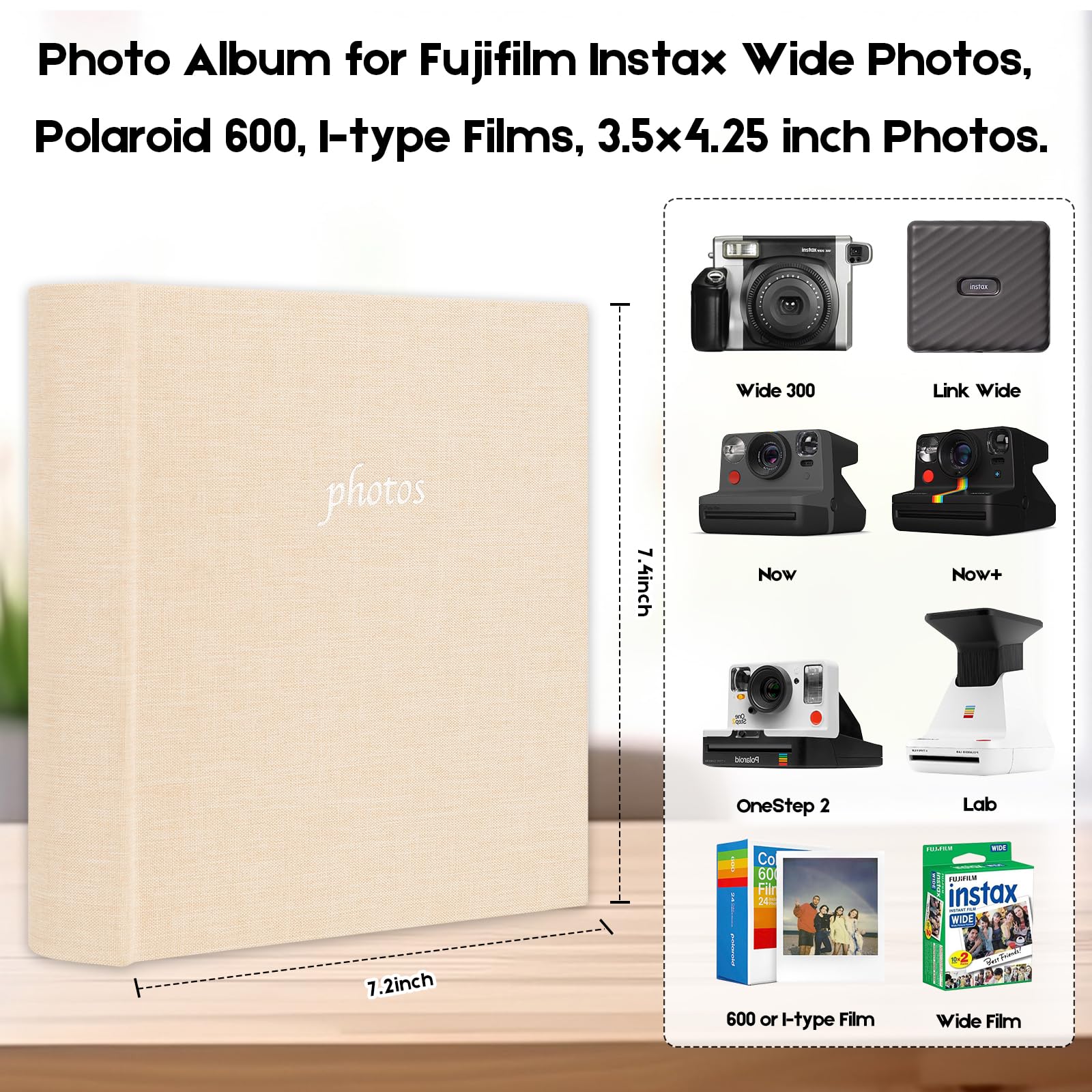 Photo Album For Fujifilm Instax Wide 300 Camera, Linen Cover, 120 Pockets Photo Album With Writing Space For Polaroid Now Onestep2 Onestep+ Instant Camera, Pop Lab Print Camera (Khaki)