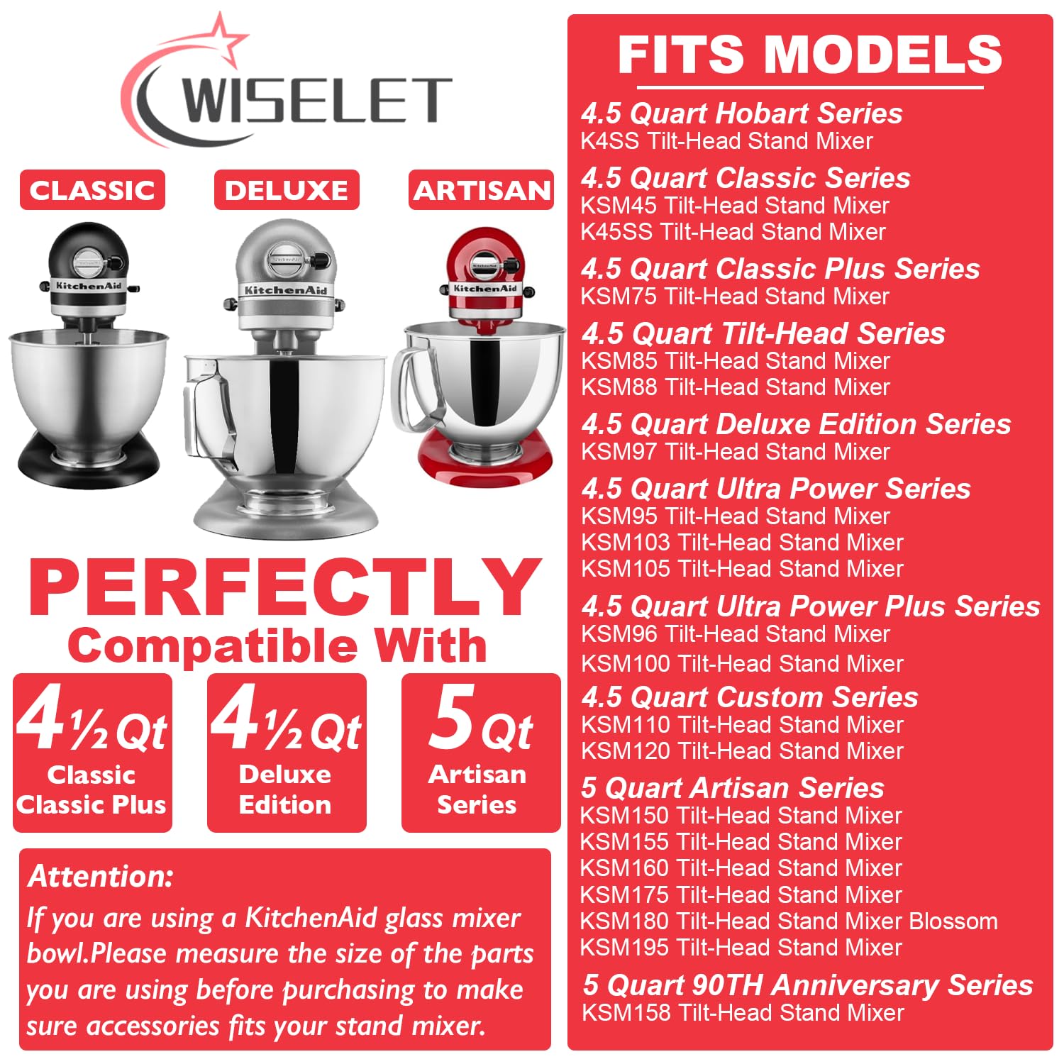 Wiselet Stainless Steel Accessories For Kitchenaid 4.5 5 Qt Tilt Head Stand Mixer, Includes 6 Wire Whisk, Flat Beater, Dough Hoo