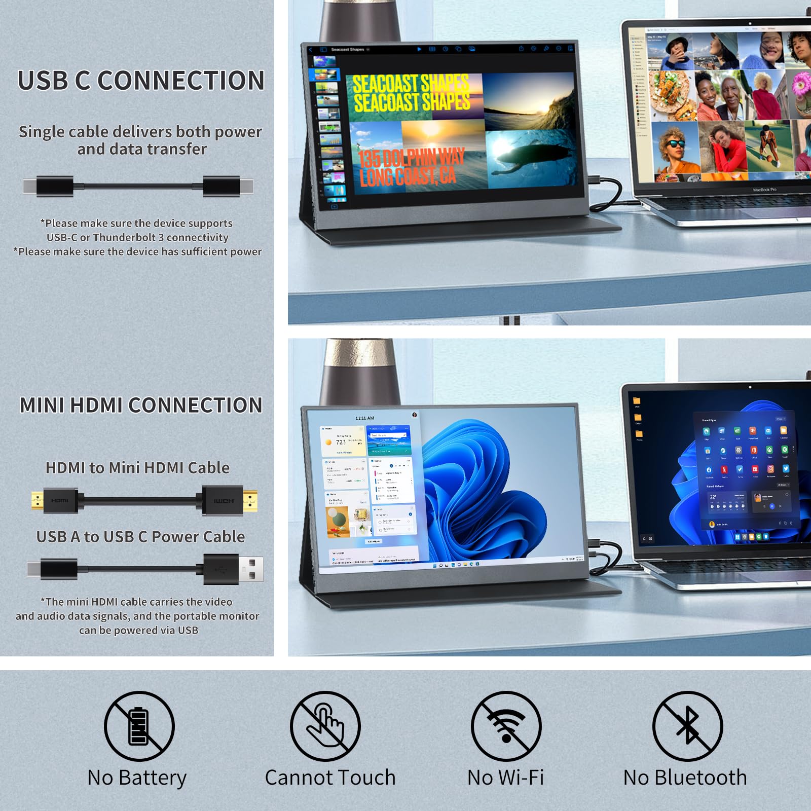 Rehisk Portable Monitor 15.6 Inch Ips Display Laptop Screen Extender, Fhd, 1080P, Smart Cover, Speakers, Usb-C, Hdmi, Ultra Slim