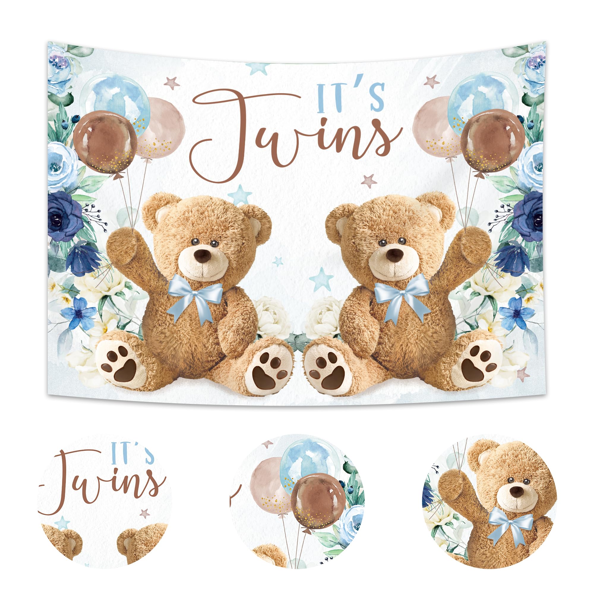 Imirell Twin Bear Boys Baby Shower Backdrop 7Wx5H Feet It'S Twins Boy Navy Blue Floral Brown Balloon Newborn Polyester Fabric Cu