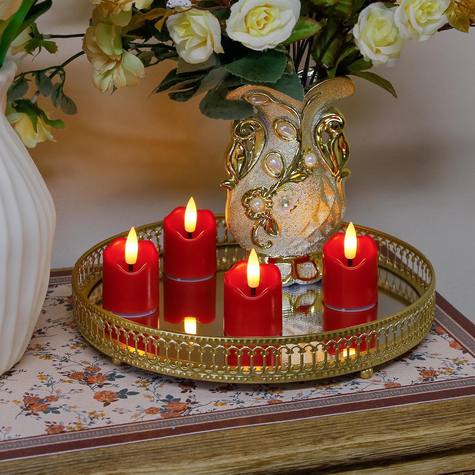 Wroxipel 6 Pack Battery Operated Auto Daily Timer Burgundy Plastic Led Flameless Votive Candles, Long Runtime 1.6'' X2.3'' Flick