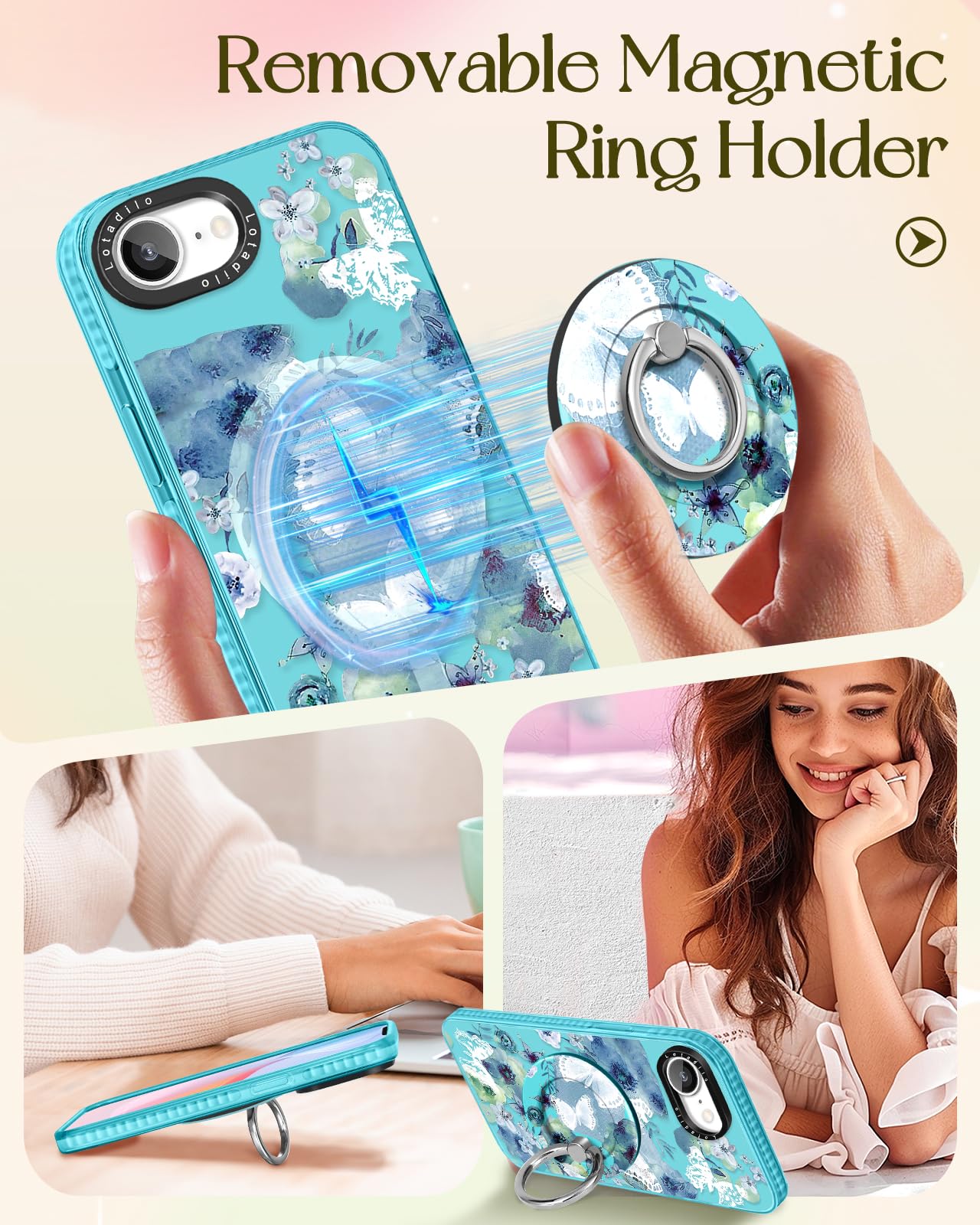 Lotadilo Cute Case For Iphone 16E For Women Girls - Funny Ink Butterfly Design Compatible With Magsafe Magnetic Ring Holder Kick