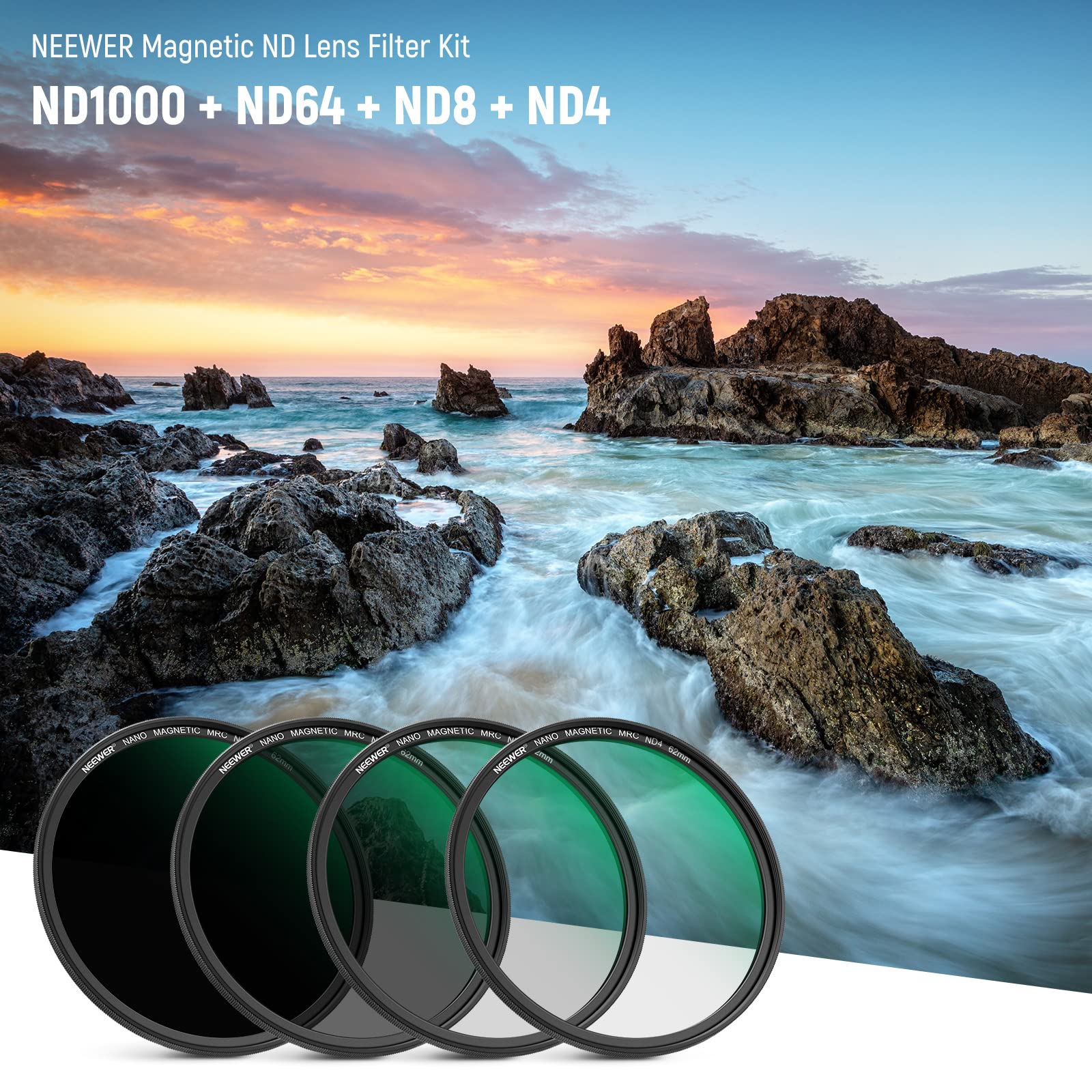 Neewer 62Mm Magnetic Nd Filter Kit And Magnetic Adapter Ring, Nd4+Nd8+Nd64+Nd1000, Optical Glass Hd/Water Repellent/Nano Coating
