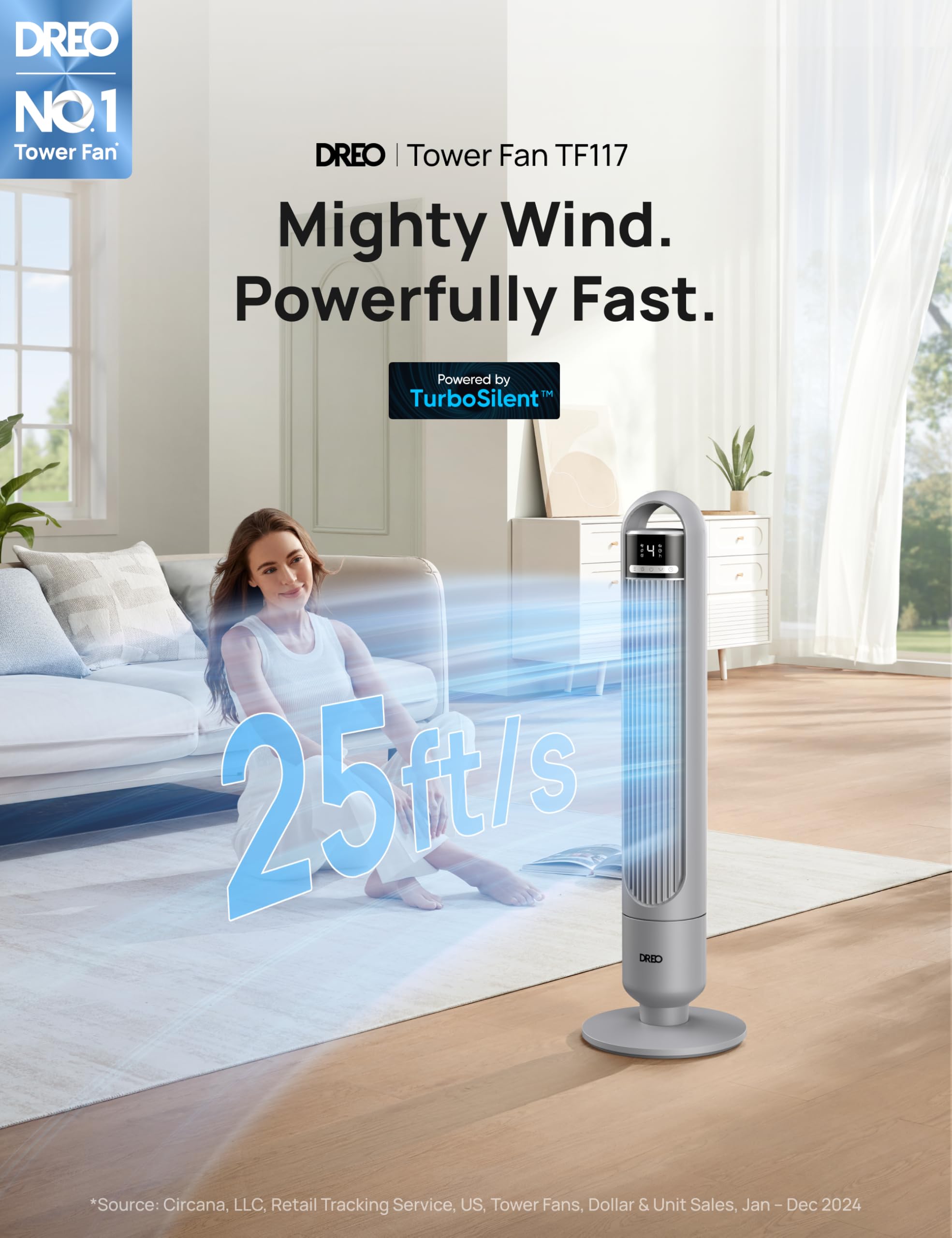 Dreo Tower Fan For Bedroom, 90 Oscillating Fan, Standing Fan With 3 Modes, 4 Speeds, 8H Timer Cooling Fans For Home, Living Room