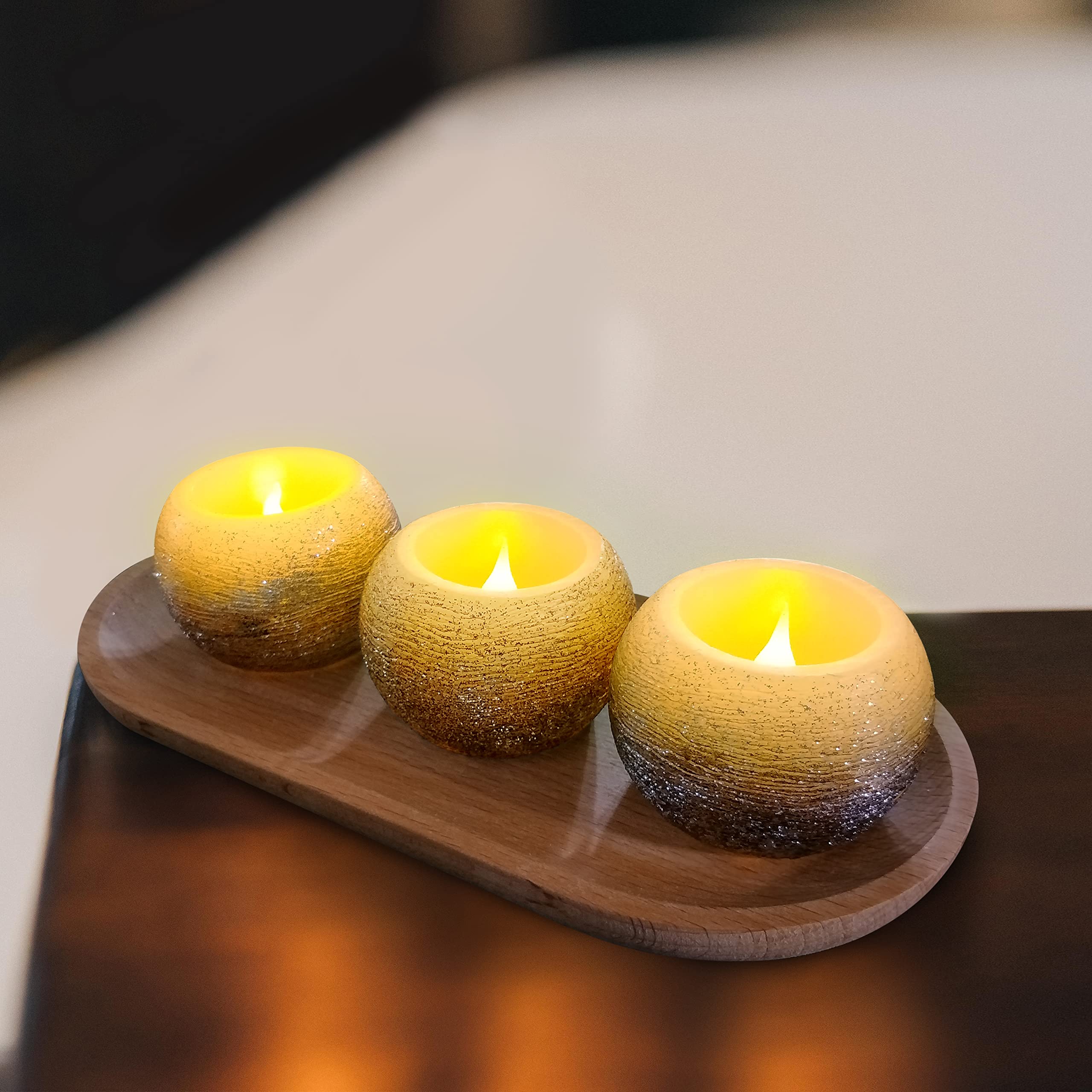 Furora Lighting Black Glittery Real Wax Flameless Candles Pack Of 3, Led Flickering Round Candles Perfect For Wedding D?Or, 2.4?