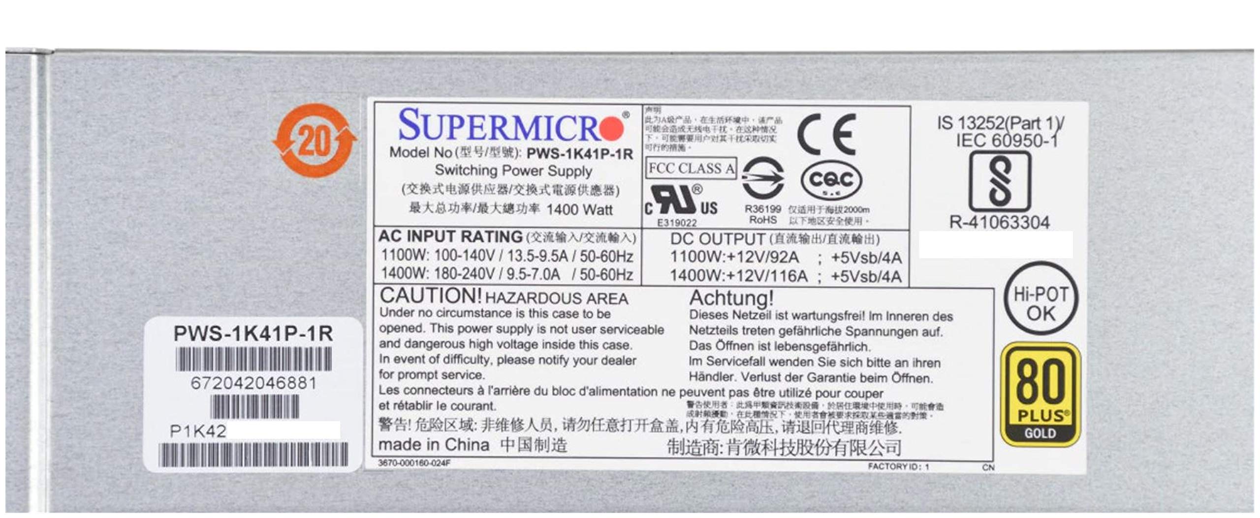 Supermicro PWS 1K41P 1R, 1400W 1U Gold Level Pws with Pm Bus & WX3