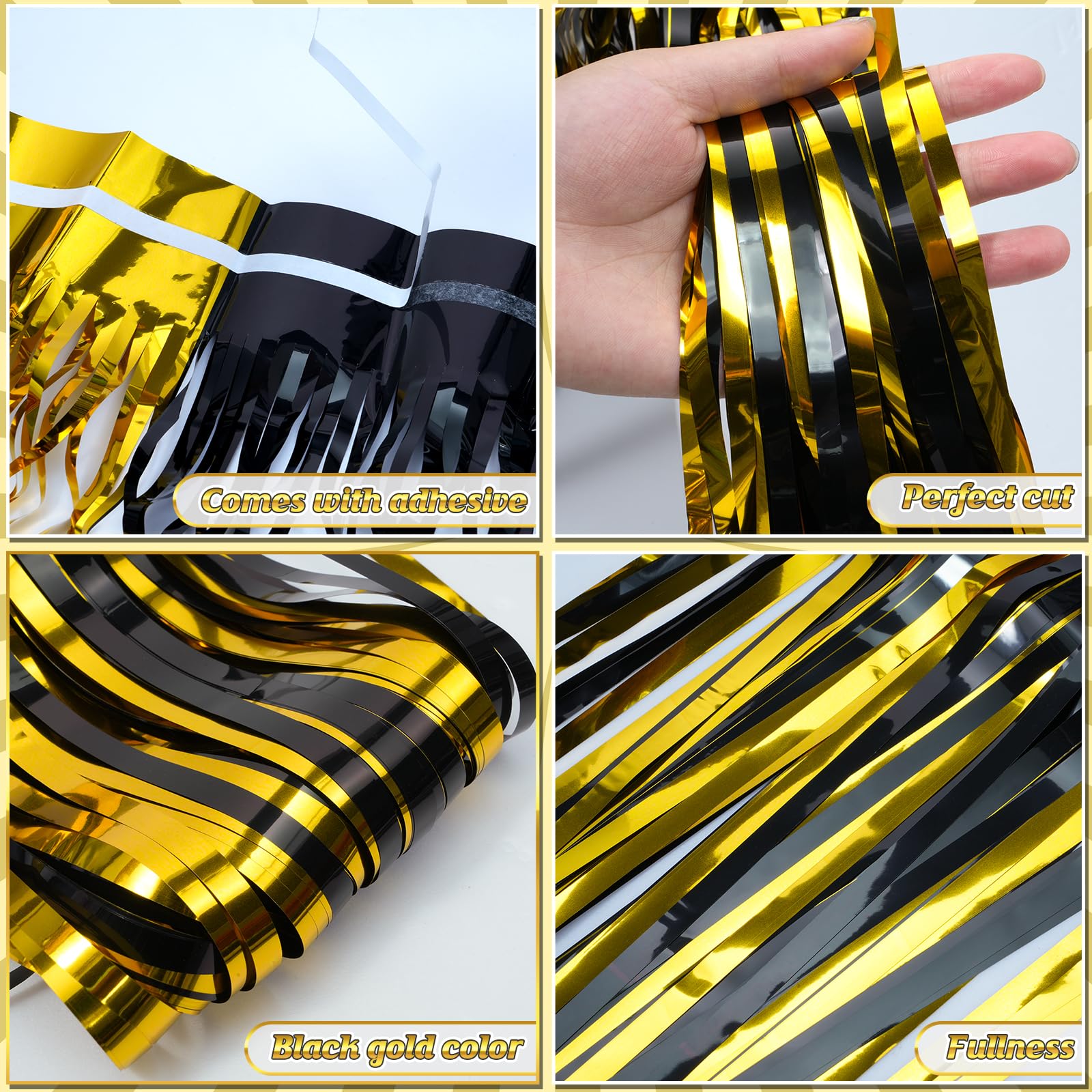 6Pack 3.3Ft X 6.6Ft Graduation Foil Fringe Curtain Backdrop Decorations, Black Gold Metallic Tinsel Foil Streamers Curtain Photo