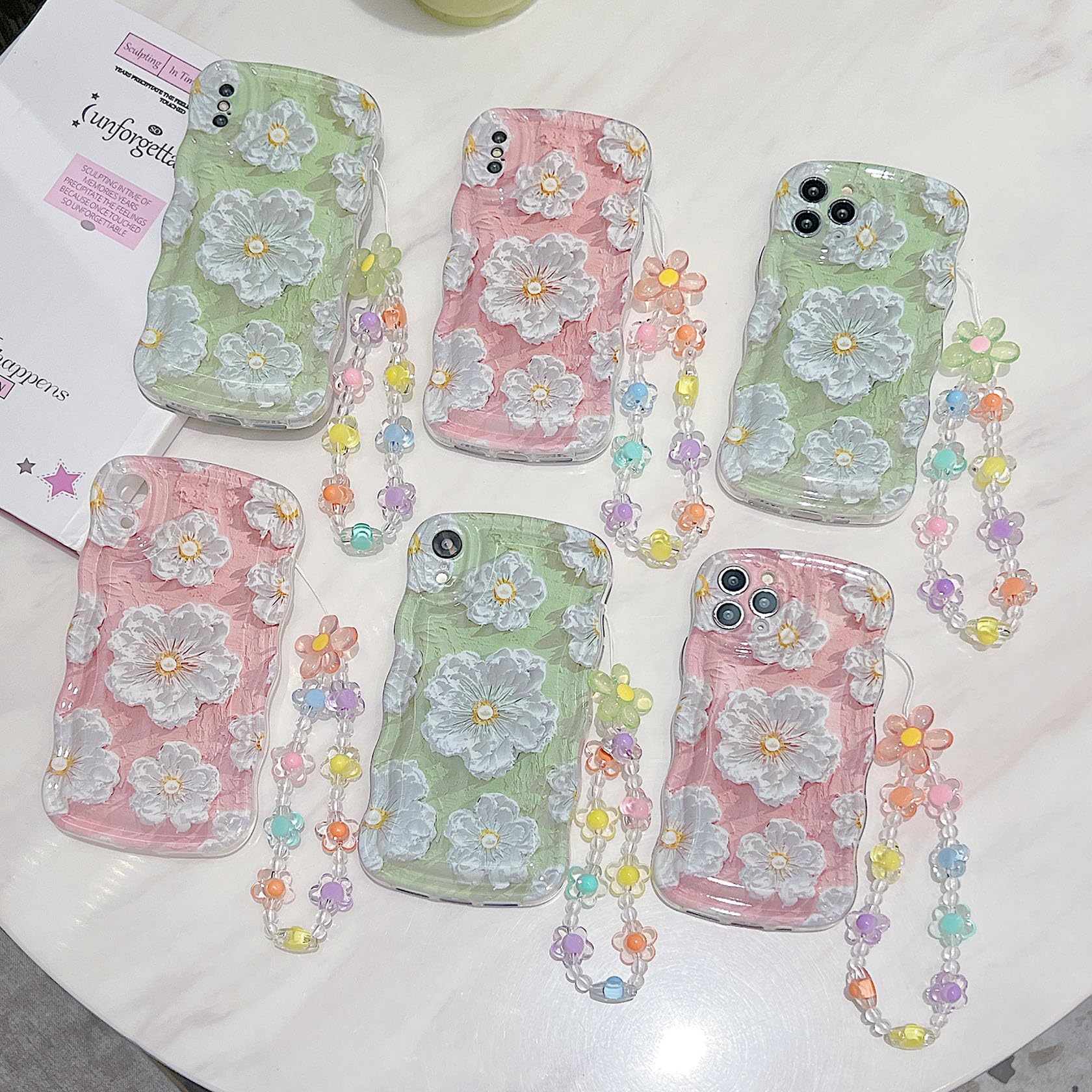 For Iphone 11 Pro Curly Wavy Case, Cute Colorful Retro Oil Painting Flower Glossy Pattern [With Bead Chain], Slim Fit Shockproof