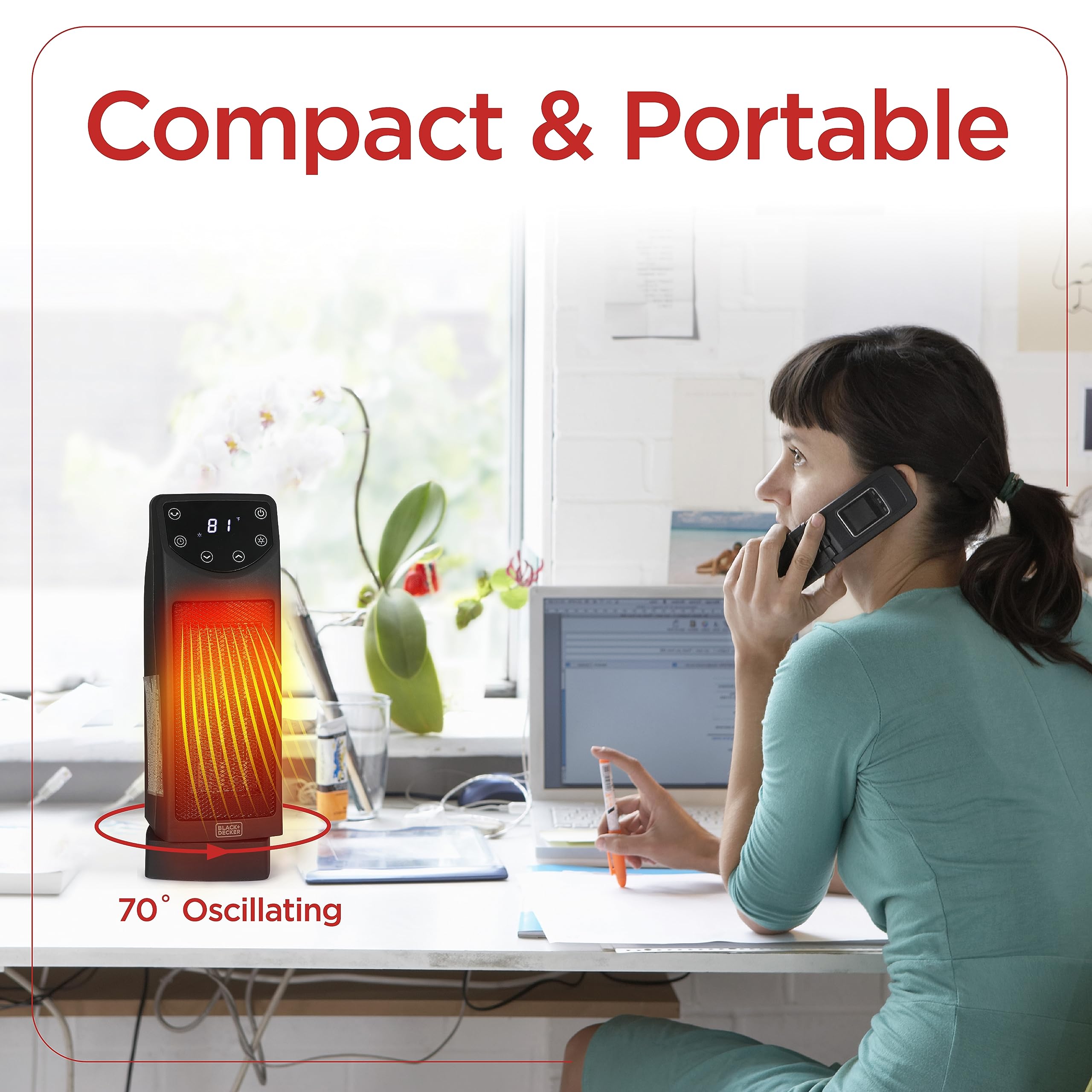 Black+Decker Oscillating Space Heater, Portable Heater With Remote Control, Ceramic Small Space Heater With Two Heat Settings & Led Display, Small Heater 1500W